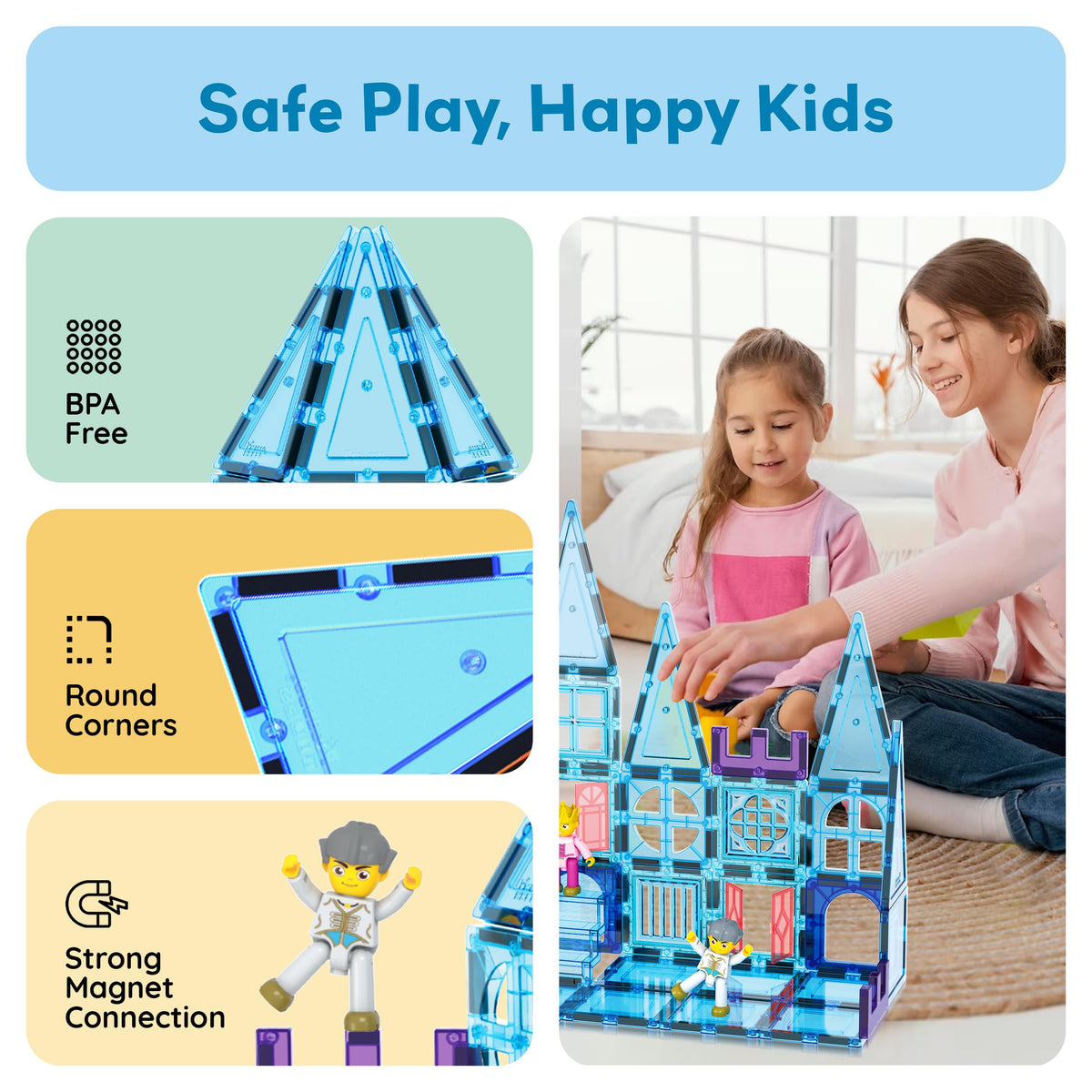 PicassoTiles 72 Piece Magnetic Building Tiles Castle Winter Ice Theme Construction Magnet Block Set with Princess Prince Character Stairs Windows Doors STEM Learning Educational Toy Kids Ages 3+ PT72