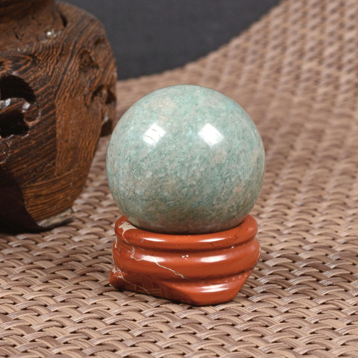 Justinstones Natural Polished Amazonite Sphere with Red Jasper Stand – Handcrafted Gemstone 30mm Ball for Energy Healing, Meditation, and Home Décor
