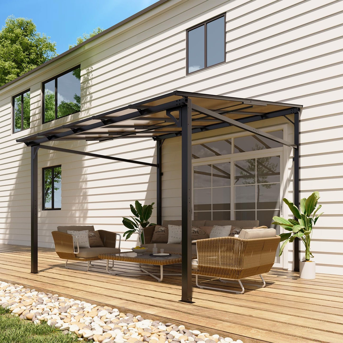 Garvee 10x10 ft Outdoor Lean to Gazebo, Wall Mounted Patio Hardtop Gazebo Pergola with Polycarbonate Roof, Upgraded Steel Frame Hardtop Pavilion for Patio, Garden, Lawn, Deck