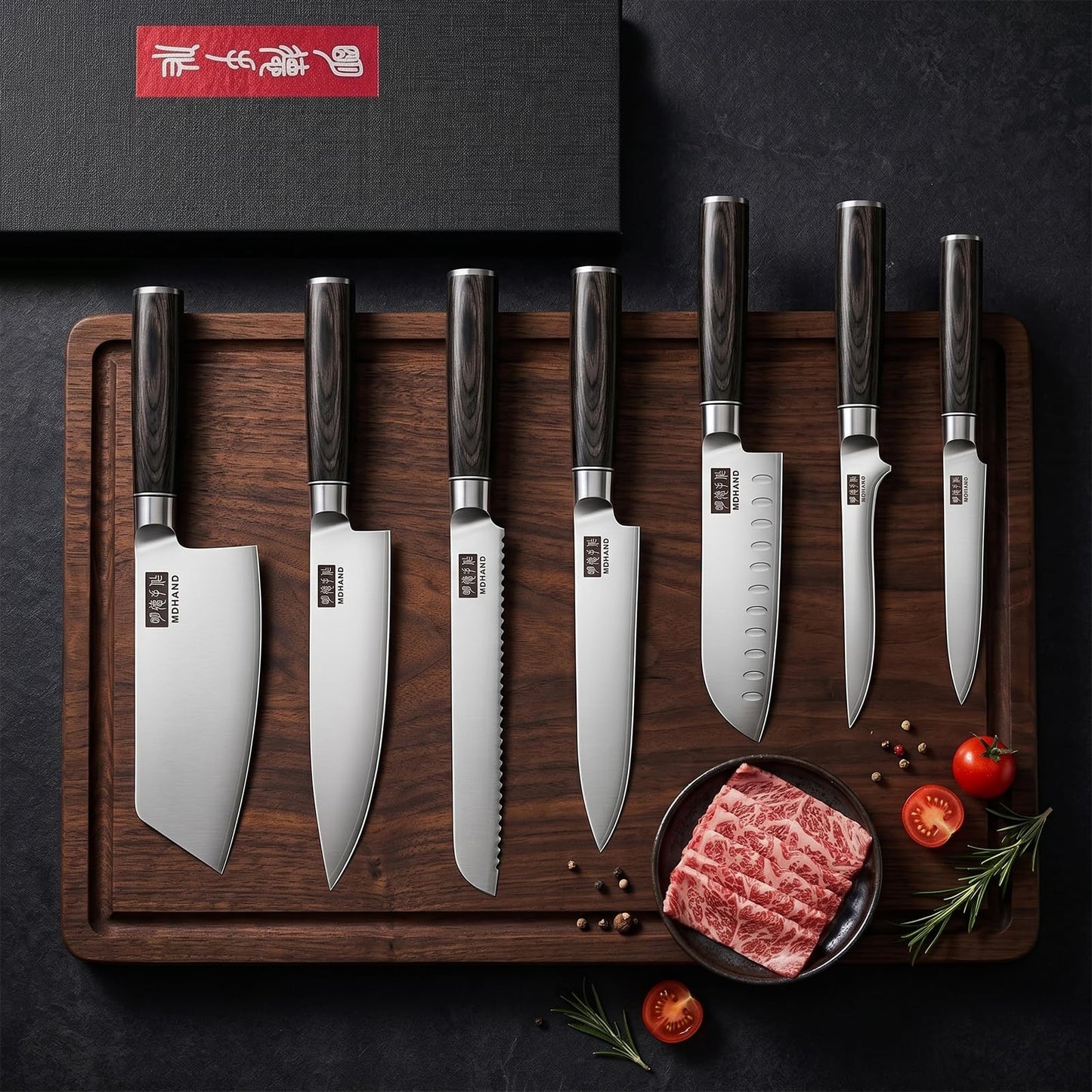 MDHAND Kitchen Knife Set, 7 Pieces Ultra Sharp Japanese Knife Set, High Carbon Stainless Steel Professional Chef Knives Set with Black Pakkawood Handle for Home Cooking, Dishwasher Safe