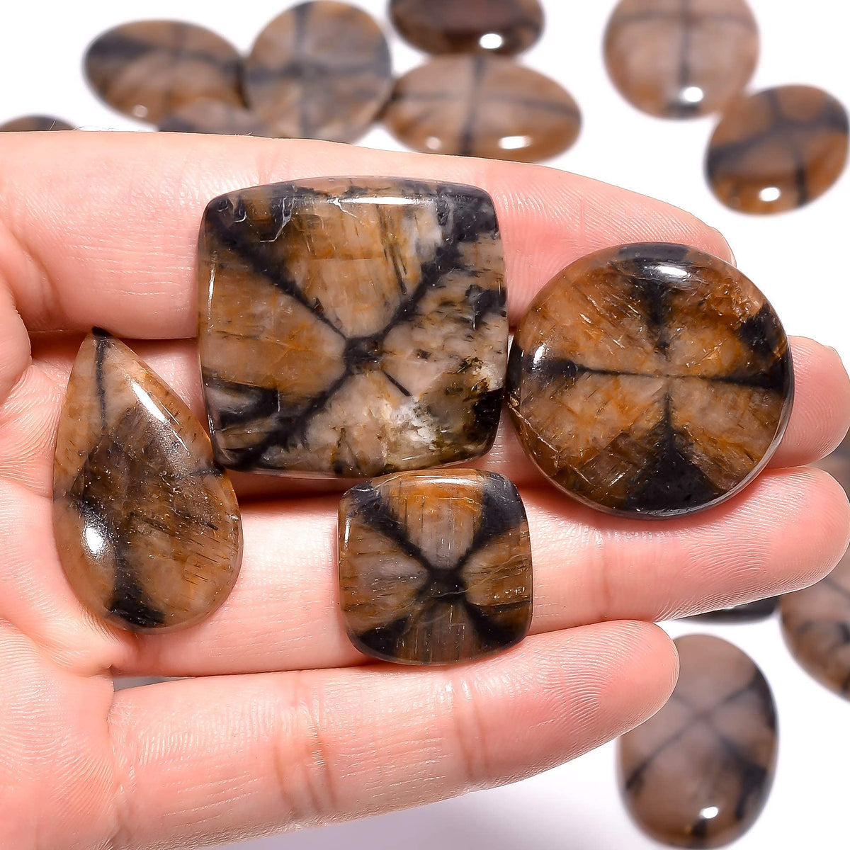 Gemkora 3pcs Natural Chiastolite Gemstone Wholesale Cabochons Lot, Jewelry Making Loose Gemstone, Polished Home Decor Specimen, DIY, Wire Wrapping, Reiki, Healing Crystals, Bulk Gemstone Deal
