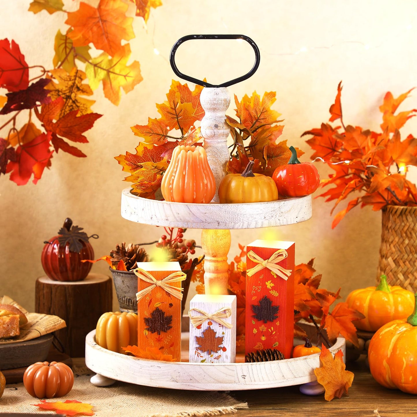 BBTO 3 Pcs Fall Wooden Table Decor Fall Tabletop Block Sign Farmhouse Thanksgiving Table Centerpiece Tiered Tray Decor for Autumn Harvest Home