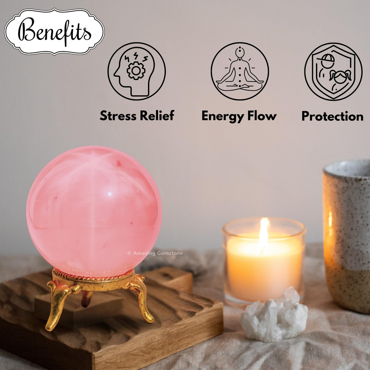 Amazing Gemstone Star Rose Quartz Crystal Ball with Stand - 2 Inches Crystal Sphere Meditation Balls for Witchcraft and Decorative Balls