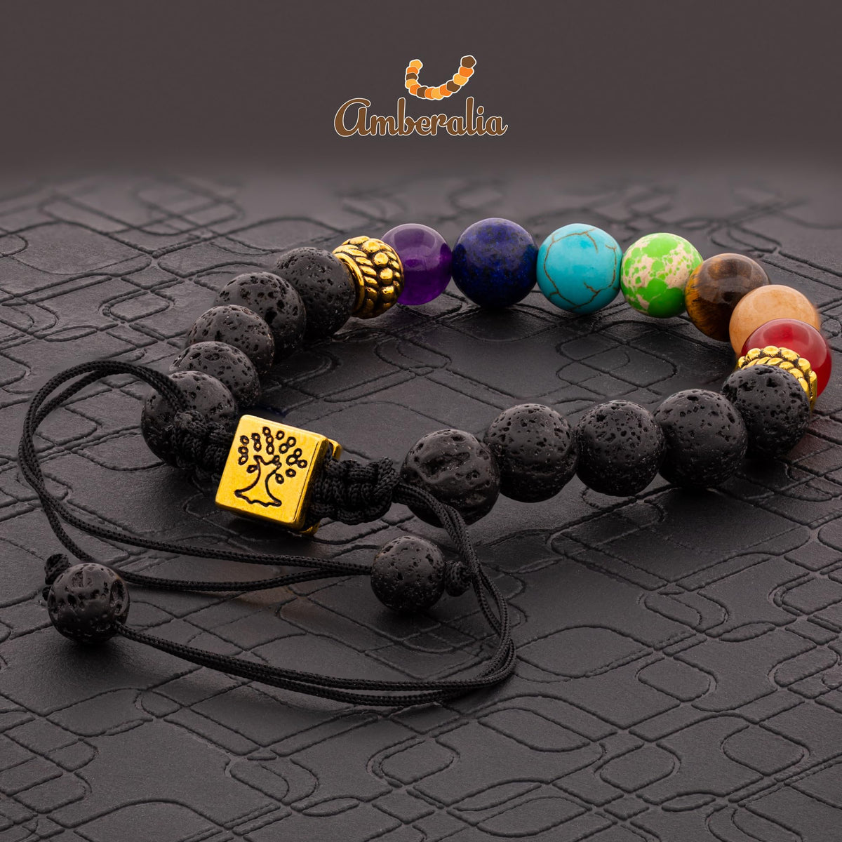 Amberalia Chakra Bracelet, Adjustable, Lava Stone Beads, Tree of Life Charm, Gold