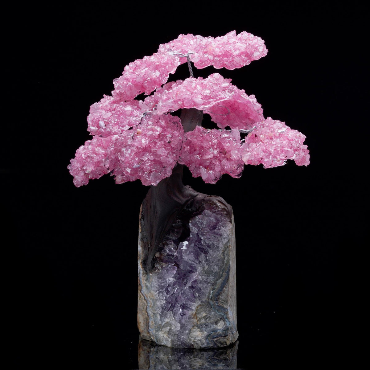 Rose Quartz Gemstone Tree on Amethyst Base, Crystal Tree with Natural Rose Quartz and Amethyst Stone, Decorative Healing Crystal Bonsai Tree