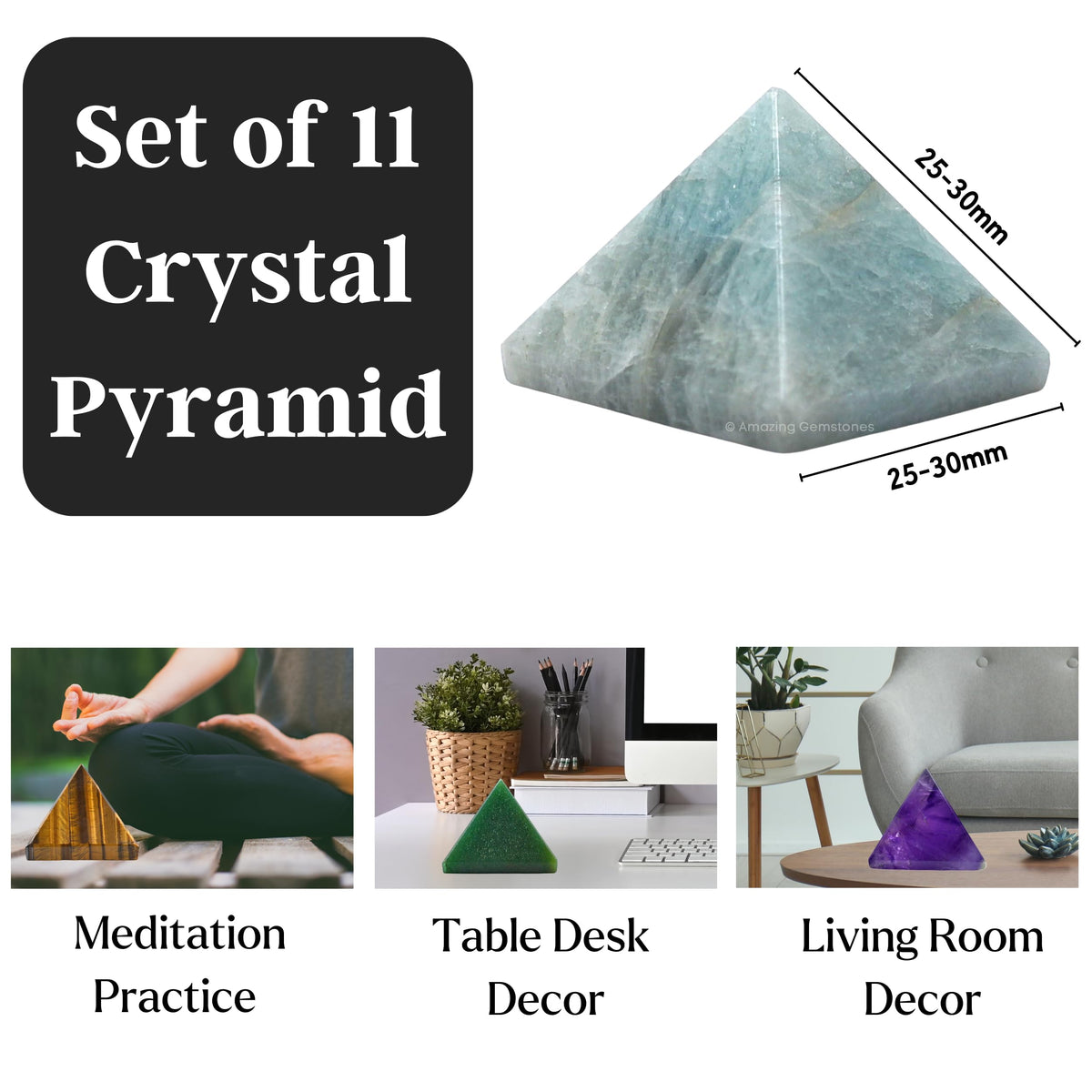 Amazing Gemstone Pack of 11 Crystal Pyramid Healing Stones - 1" Wholesale Bulk Crystals Pyramid Figurine of Natural Stone for Meditation, Reiki, Chakra Balancing and Crystal Pyramids Grid