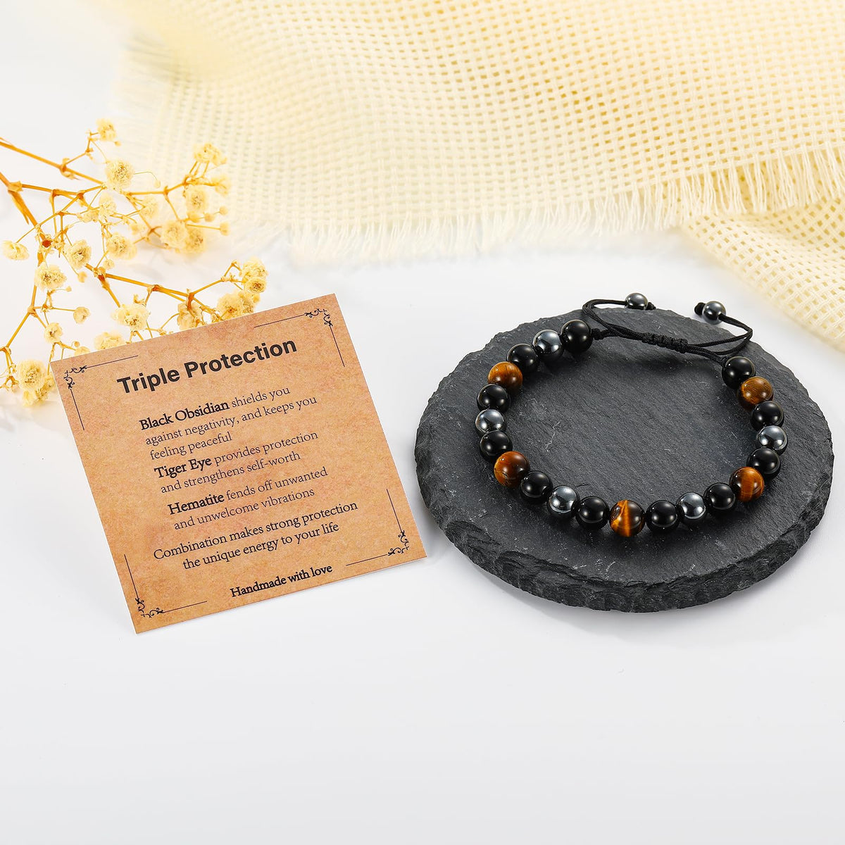 Gnamy Triple Protection Beaded Bracelet Gifts for Men, Adjustable Tiger Eye Black Obsidian Hematite Bracelets Christmas Birthday Valentines Anniversary Healing Sobriety Jewelry Gifts for Husband Dad Boyfriend Brother Him