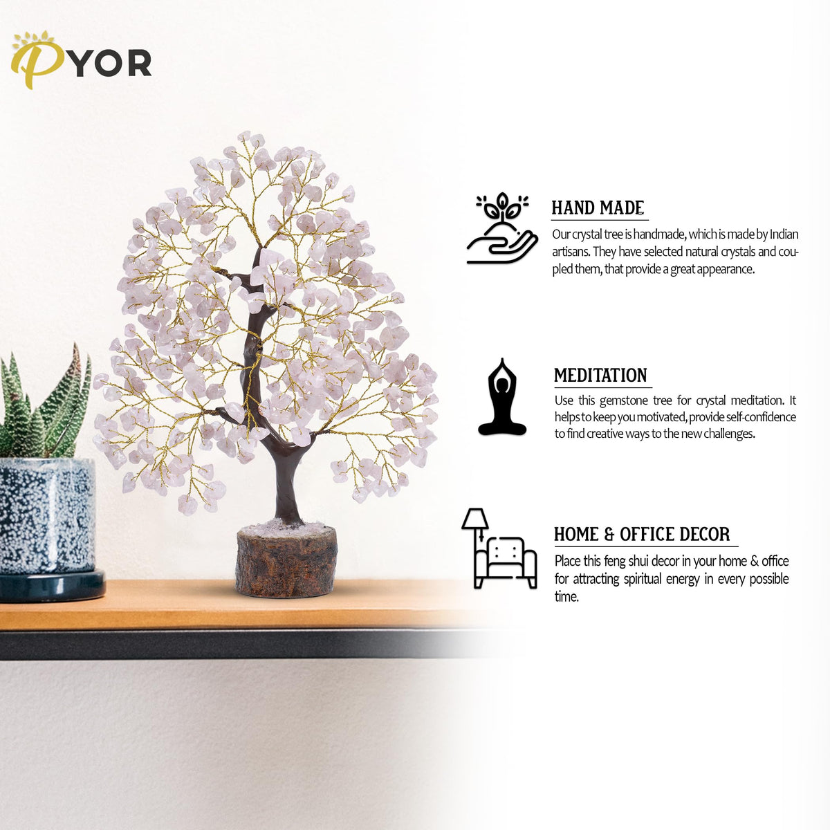 PYOR Rose Quartz Money Tree, Crystal Gifts, Rose Quartz Crystals, Fengshui Money Tree, House Warming Gifts New Home, Pink Office Supplies, Healing Crystals, Pink Room Decor for Women, Spiritual Decor