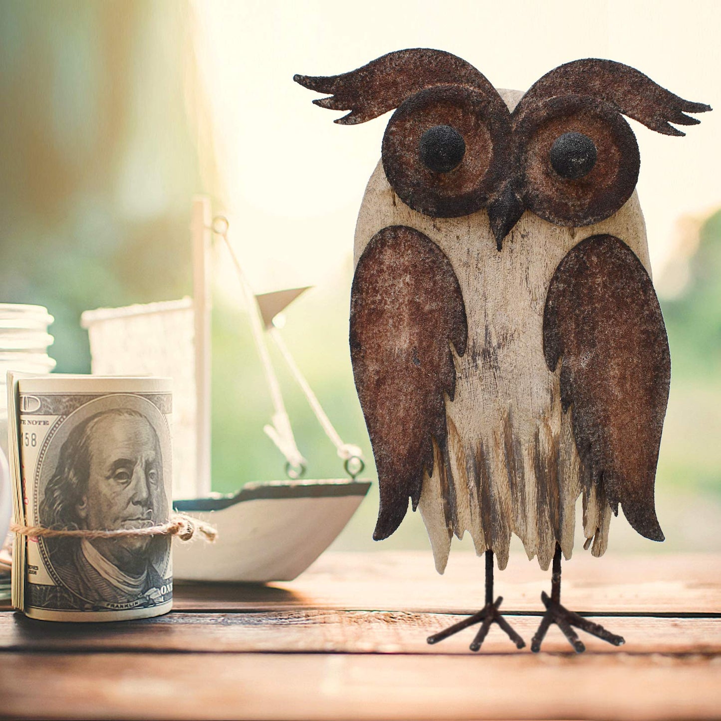 E-view Rustic Owl Figurines Decor Animal Statue for Home - Wooden Stand Owl Sculptures Decorations for Living Room Bedroom - Shelf Decoration Decorative Tabletop Collection (Owl A)