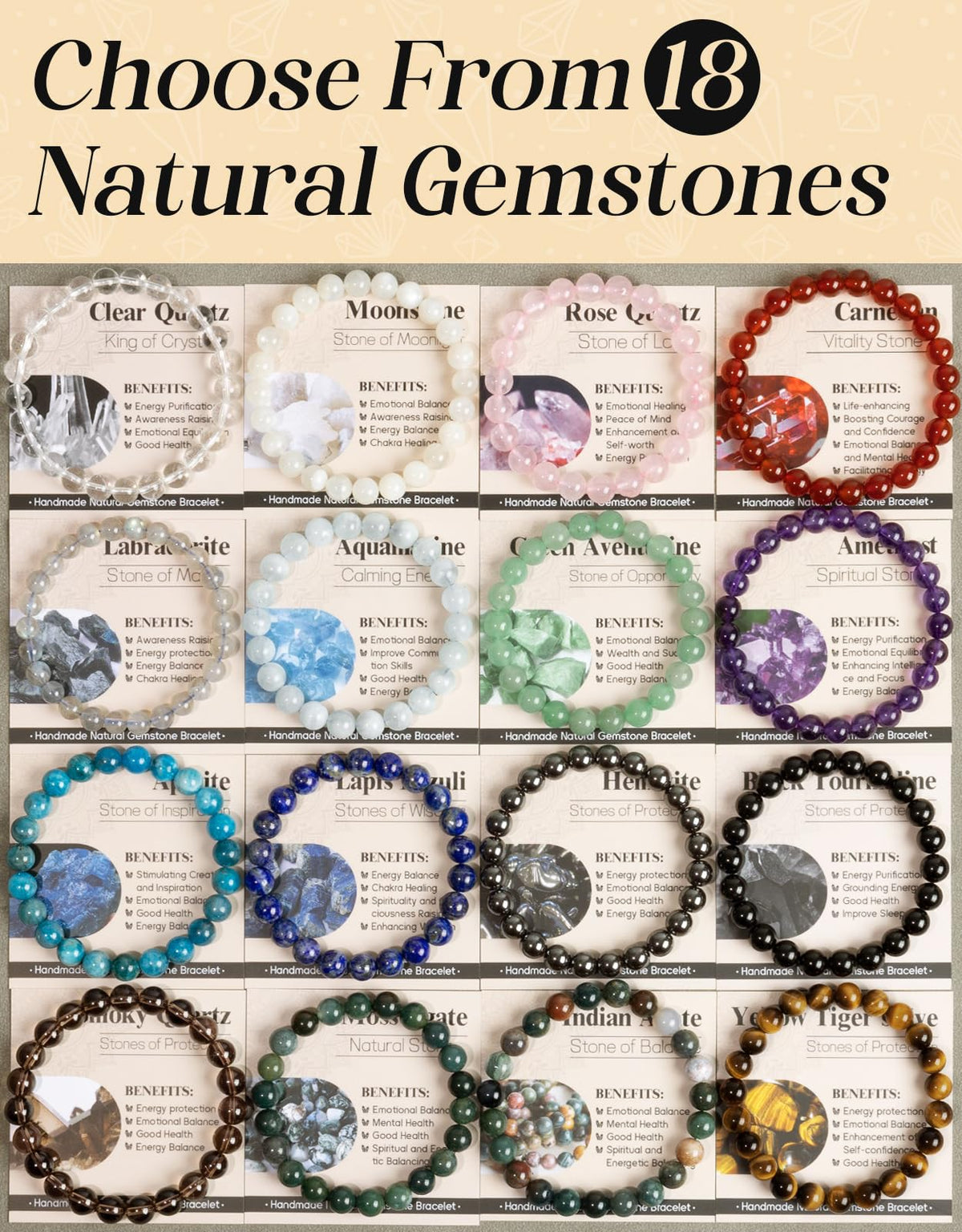 Landorilo Beaded Bracelet for Men Women, 8mm Natural Stone Amethyst Healing Crystal Stretch Bracelets, Ideal Christmas Birthday Jewelry Gifts with Energy Card，Replacement Beads Included