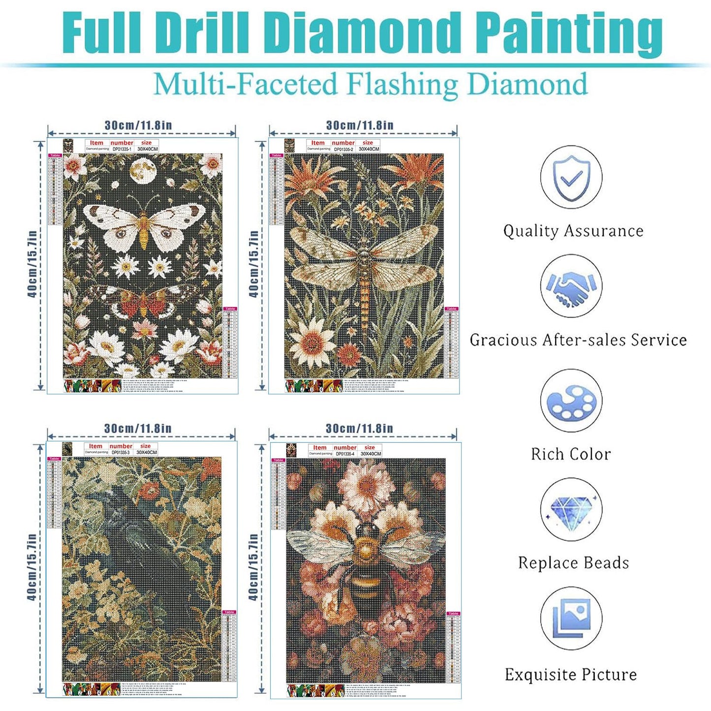 Diamond Painting Kits for Adults - 4 Pack Dragonflies, Butterfly, Bees, Bird DIY 5D Diamond Art Kits Full Drill Diamond Dots Paintings with Diamonds Gem Art and Crafts Home Decor 12x16inch