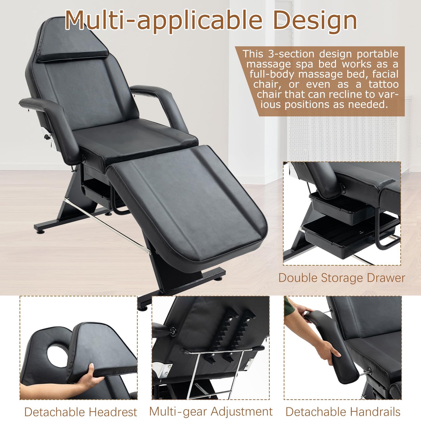 KEIKI Massage Salon Tattoo Chair Esthetician Bed with 2 Tray, Hydraulic Stool, Wide Leg Multi-Purpose 3-Section Facial Bed Table with Adjustable Spa Beauty Equipment, Easy Assembly, Black