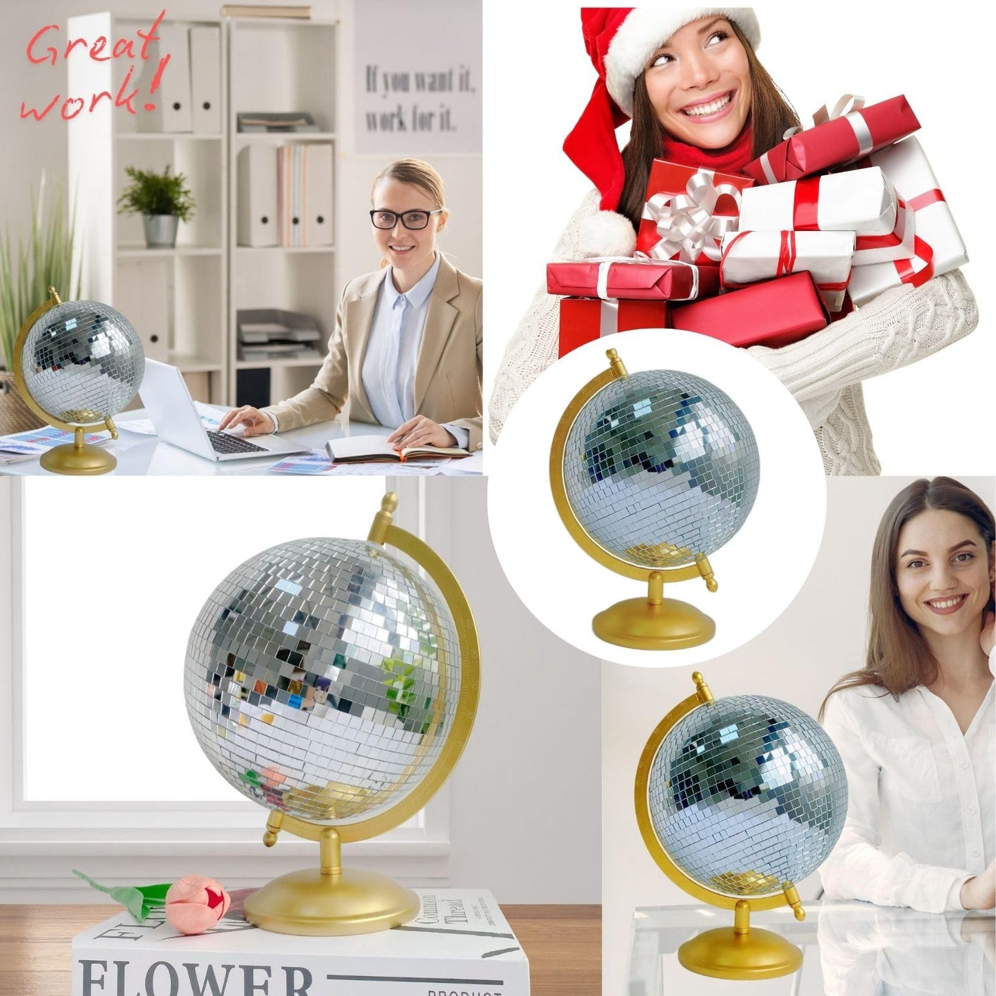 MFGDISCO Disco Ball Globe, Home Decor Statues, Classic Tabletop Art Sculpture with Metal Base, Discoball Unique Western Modern Decorative Aesthetic Sculptures, 8.5" x 8" x 12", Bright Gold