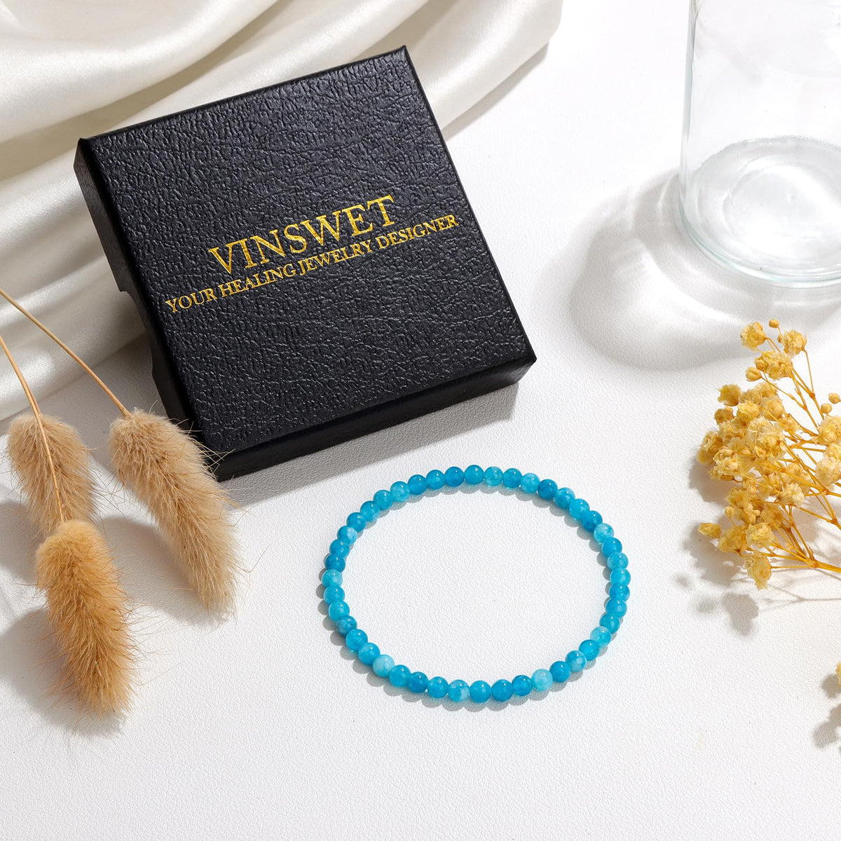 Vinswet Healing Crystal Bracelets for Women Men 4mm Apatite Natural Stone Beaded Stretch Bracelet Handmade Gemstone Reiki Spiritual Jewelry Gifts