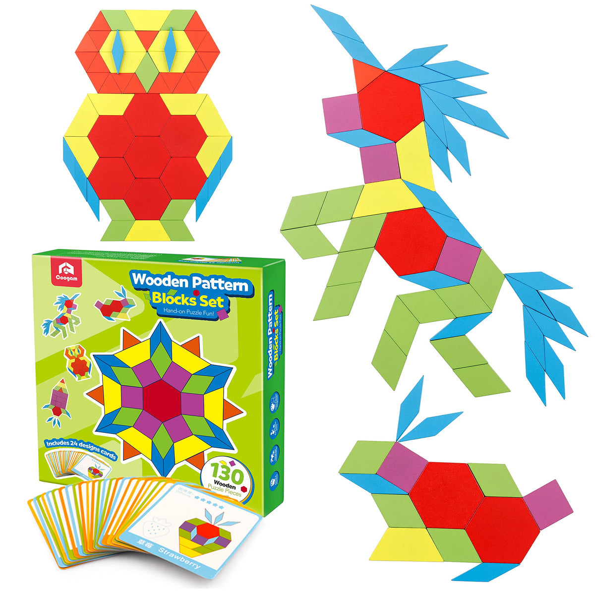 Coogam Wooden Pattern Blocks Set 130PCS Geometric Color Shape Manipulative Puzzle – Graphical Montessori Tangram Early Learning Educational Toys Brain Teasers STEM Gift for Kids with 24 Design Cards