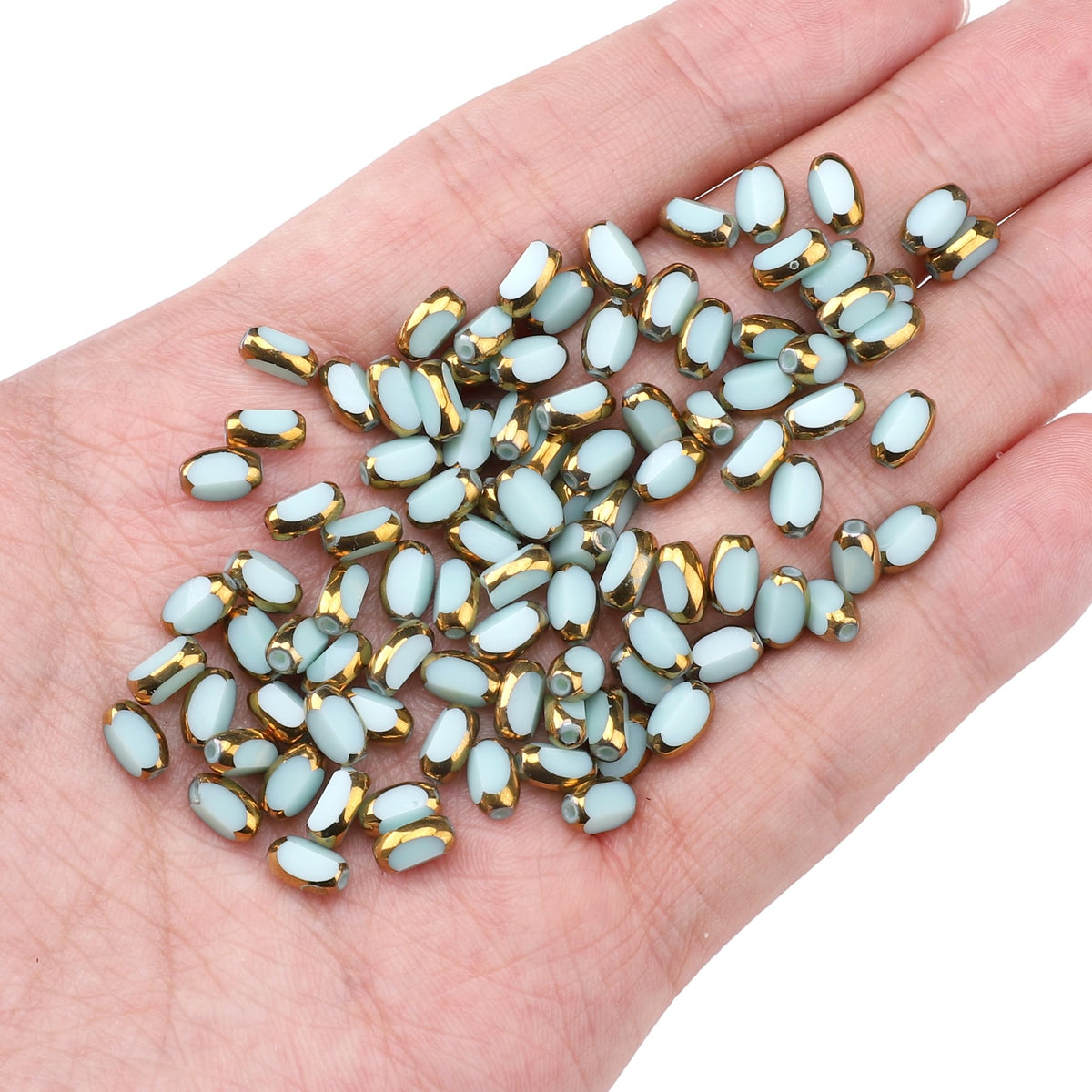 DADIFEN Glass Rice Beads Peacock Green 4x6mm 50pcs Faceted Oval Golden Edge Crystal Loose Beads for DIY Craft Jewelry Making