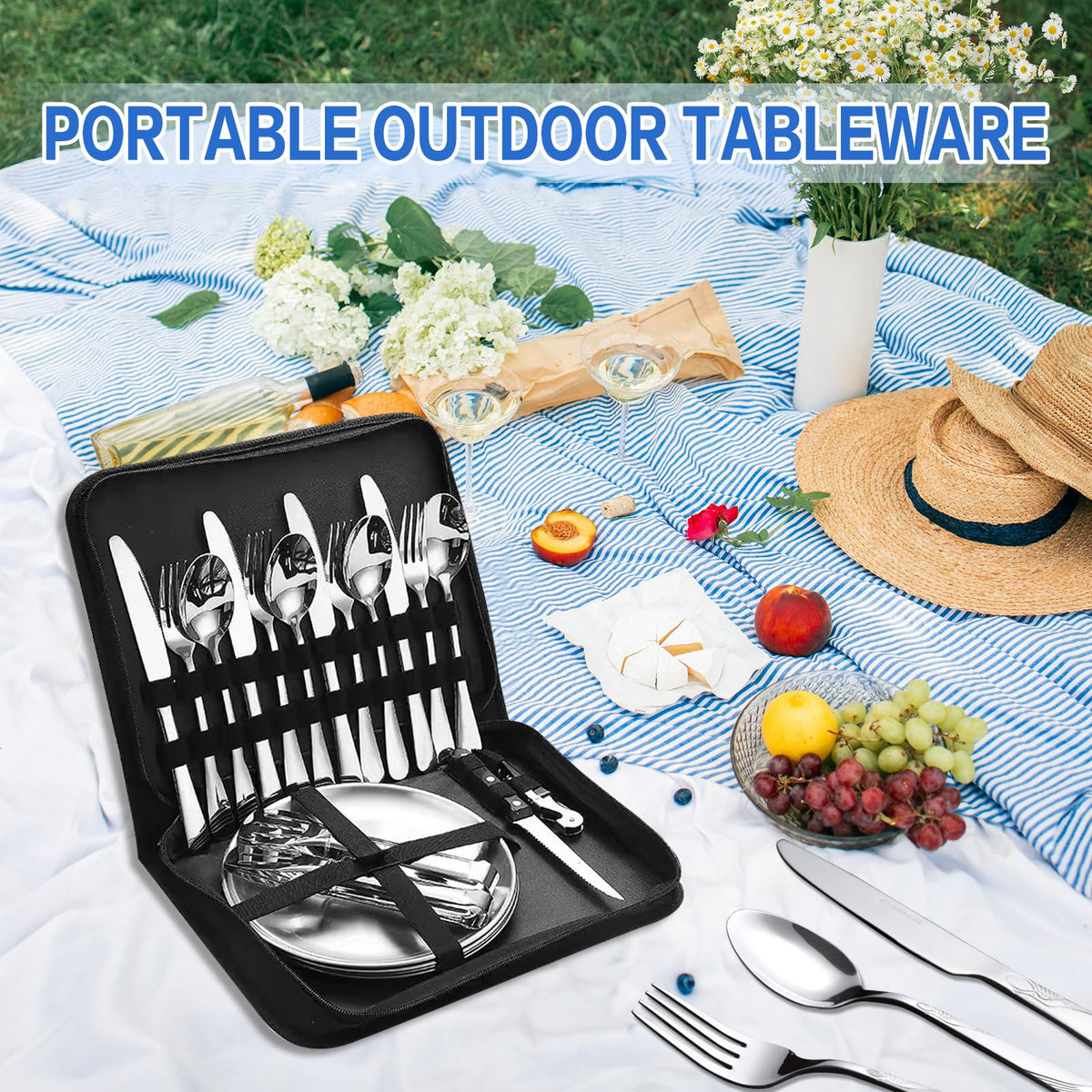 Cynrikah Camping Utensils, Camp Supplies 4 Person 20PCS with Spoons Plates Forks Knives in Camp Organizer, Mess Kit of Camping Utensil Set Car Camp Essentials Dishes for Picnic/Hiking(Black)
