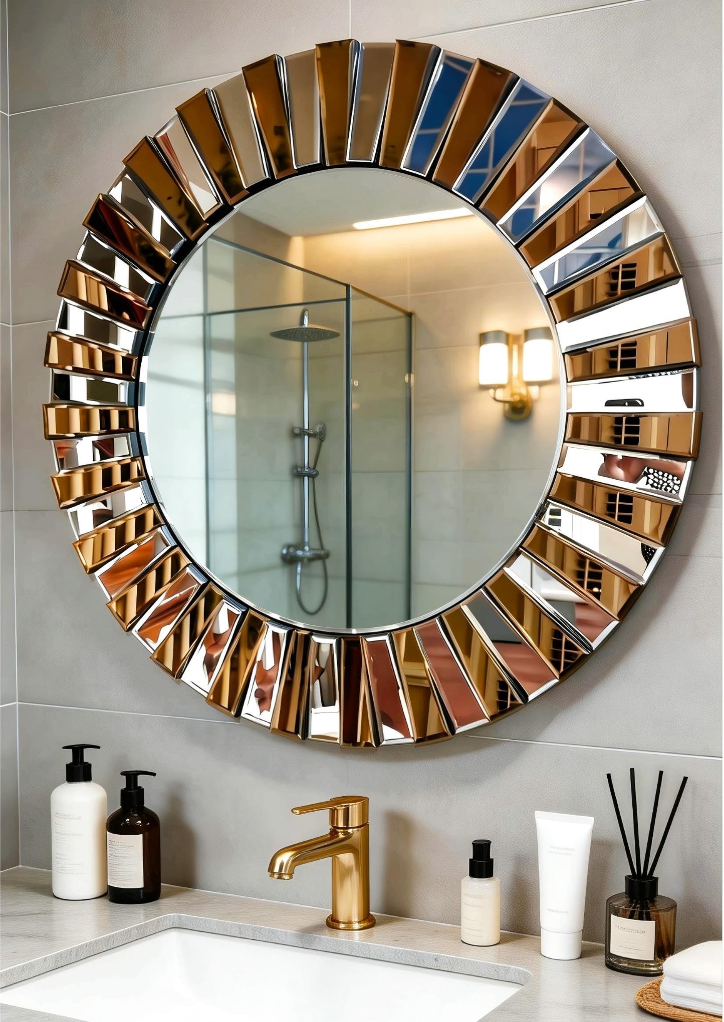 Artloge Round Wall Mirror Decorative Sunburst Silver-Brown Crystal Edge 32 inch