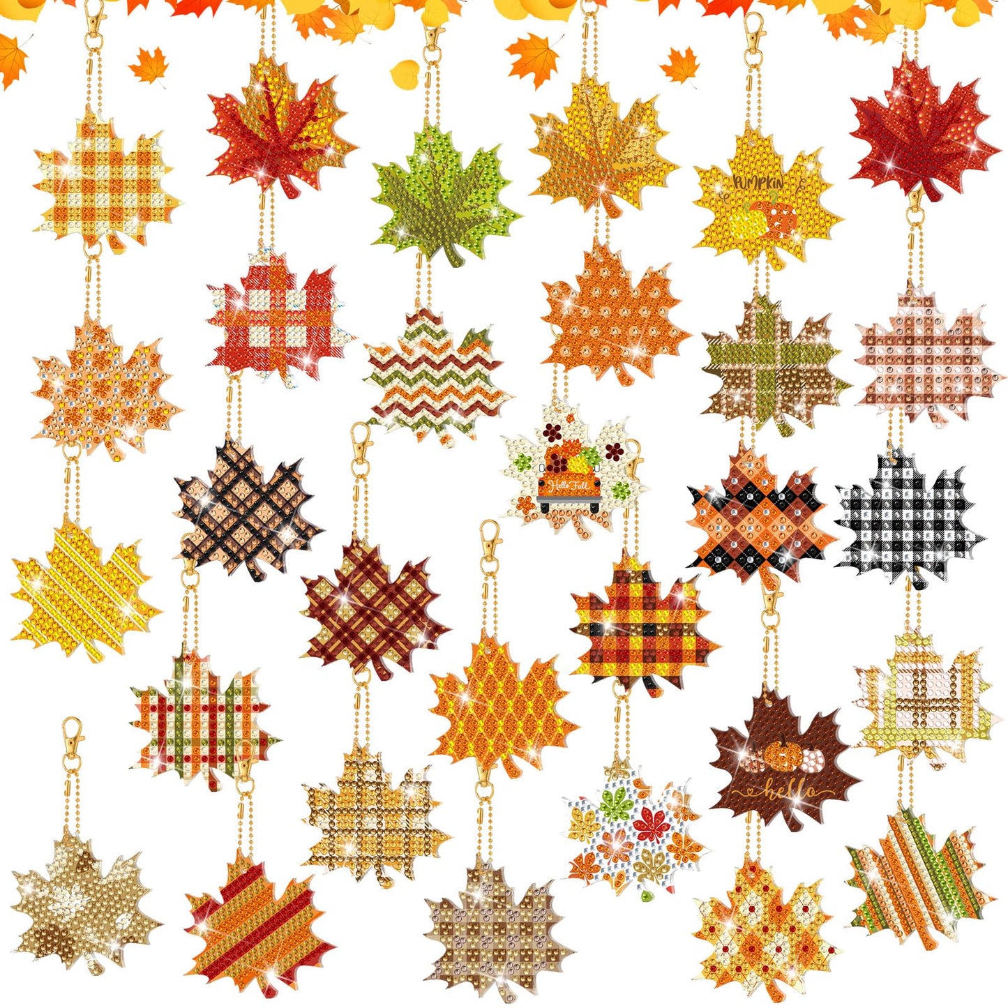 WILLBOND 30 Pcs Fall Thanksgiving Diamond Art Keychains Double Sided DIY Maple Leaf Fall Diamond Painting Keychain Ornaments Kits for Adults Key Ring Art Pendant Thanksgiving Tree Decor