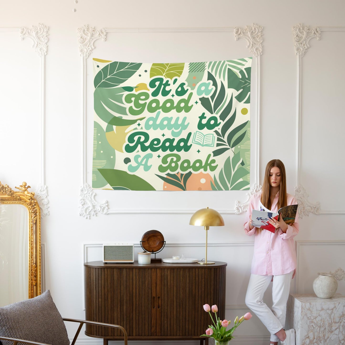 MNASAIOO It's A Good Day to Read A Book Classroom Wall Tapestry Hanging,Green Plants Leaf Reading Banner Tapestries,Boho Wall Decor for Kids Book Lovers School Library Reading Nook Corner Dorm 50x60in