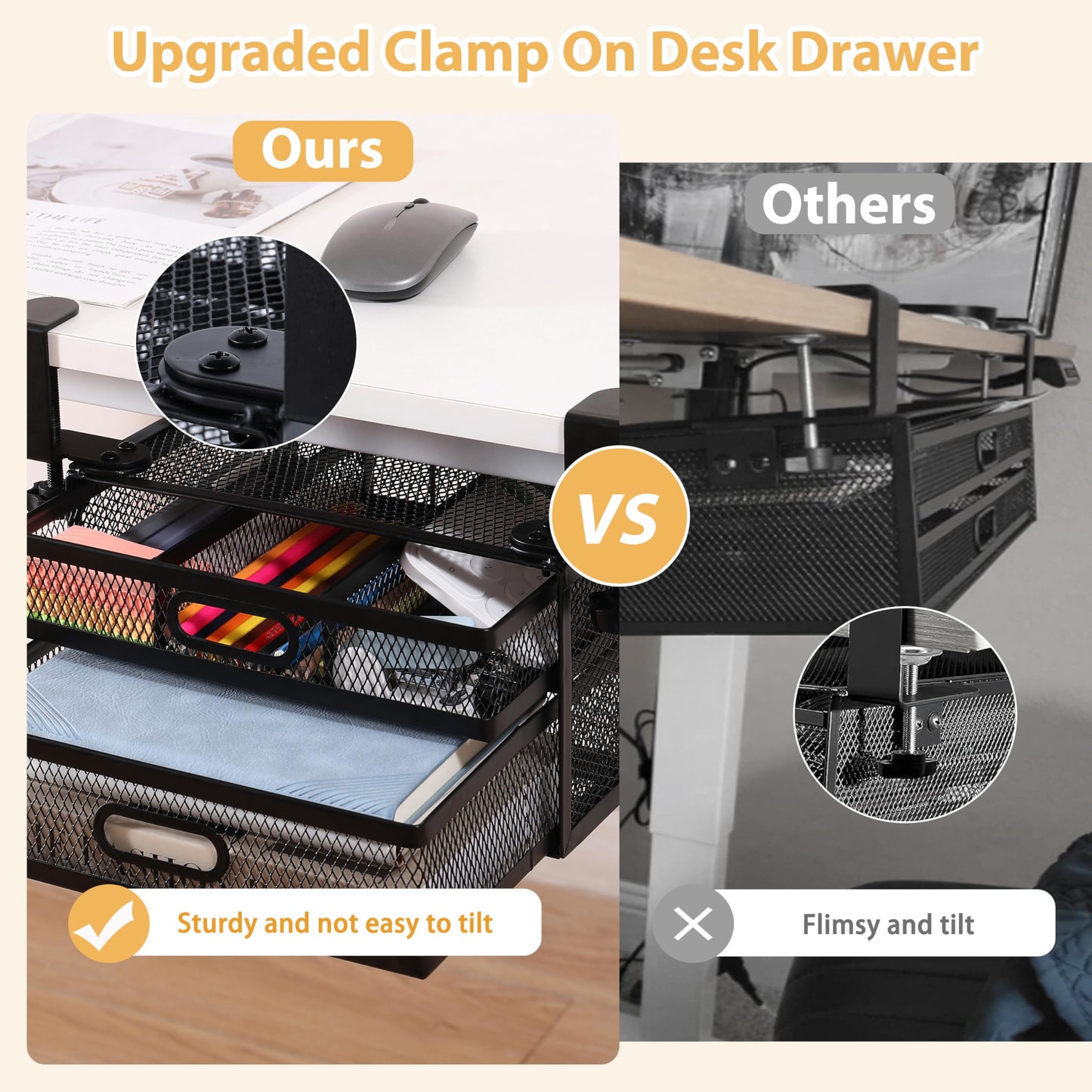 ROLIZOE Sliding Under Desk Drawer Organizer No Drilling 2 Drawers Slide Out Desktop Or Under Table Storage Metal Clamp On Desk Drawer Attachment Anti-Slip Under Desk Organizer for Home & Office