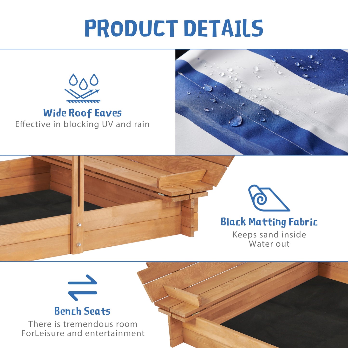 Kids Sandbox with Adjustable Canopy & 2 Foldable Seats, 46'' Wooden Sand Box with Cover, Outdoor Sandpit for Backyard Play