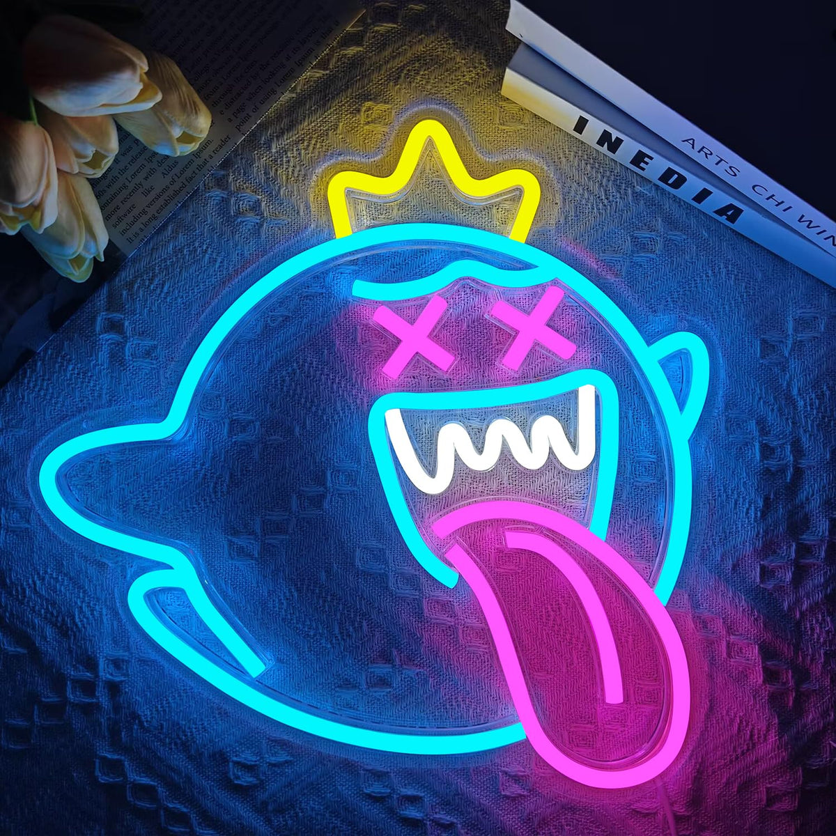 King Boo Neon Sign Dimmable Ghost Face Neon Light for Wall Decor Gamer Light Up Sign King Boo Neon Light for Bedroom Gaming Room Window Led Ice Blue Light Up Sign for Christmas Birthday Gifts Decoration