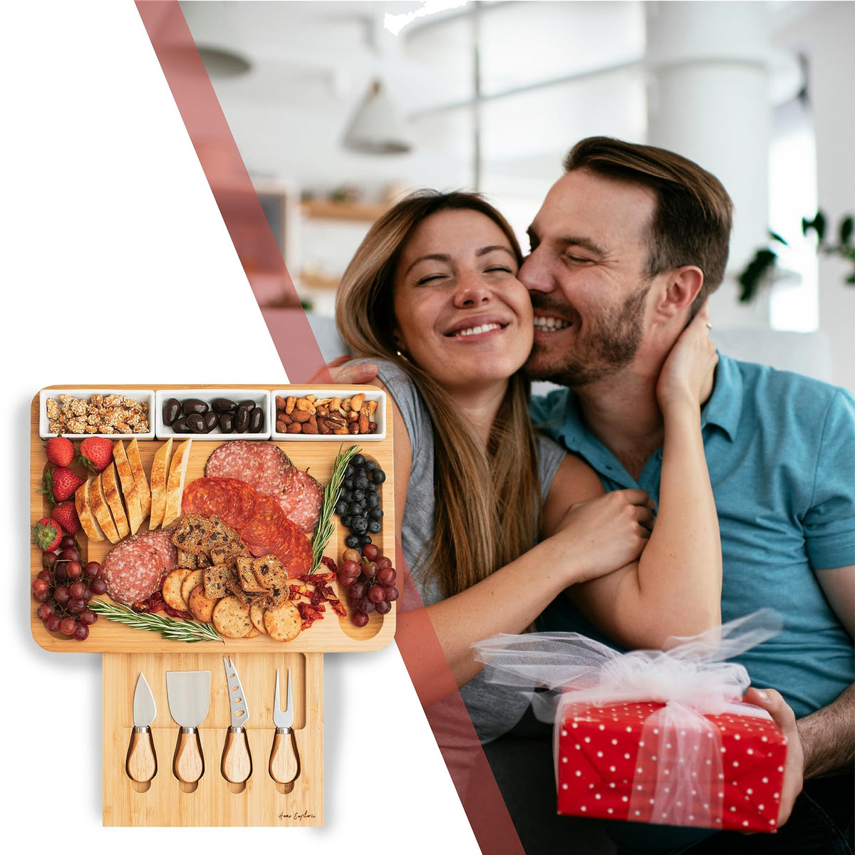 Home Euphoria Large Bamboo Charcuterie Board and Knife Set - Cheese Board with Bowls, Beautiful Gift for Mom