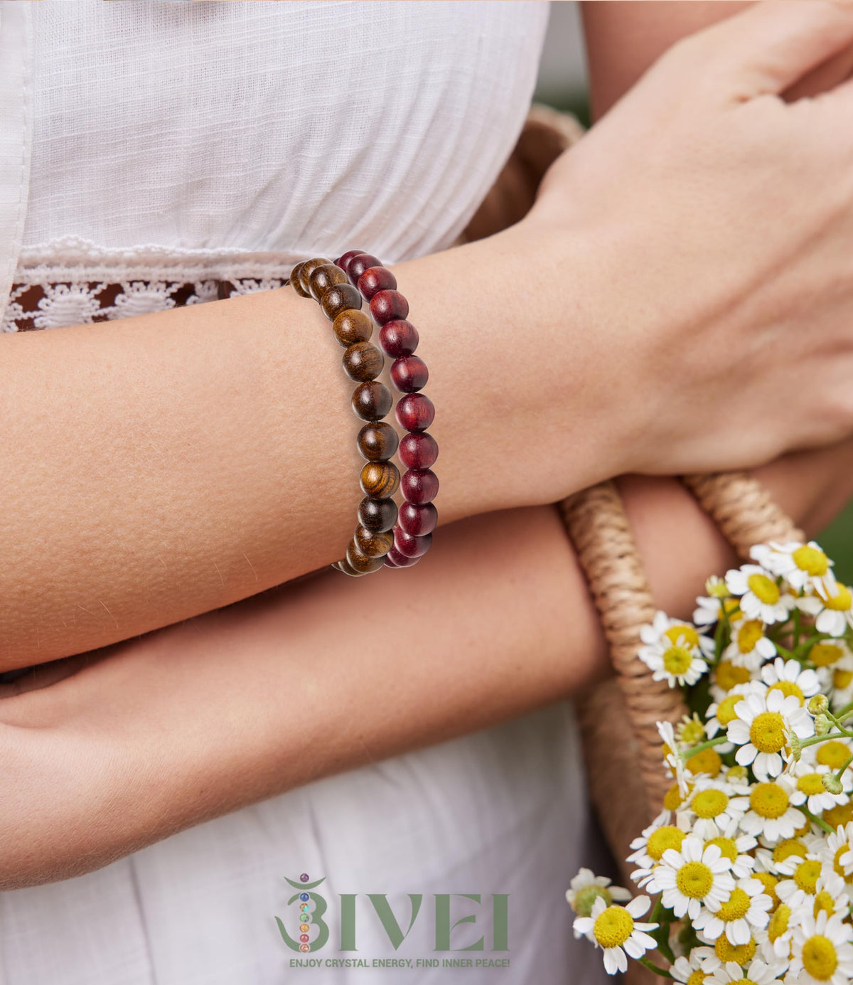 Bivei Natural Gemstone Semi Precious Crystals Handmade Stretchy Round Beads Bracelet, Enhance Positive Energy,Stocking Stuffers for Women(Tiger Skin Wood & Rosewood (Prayer Beads) Medium)