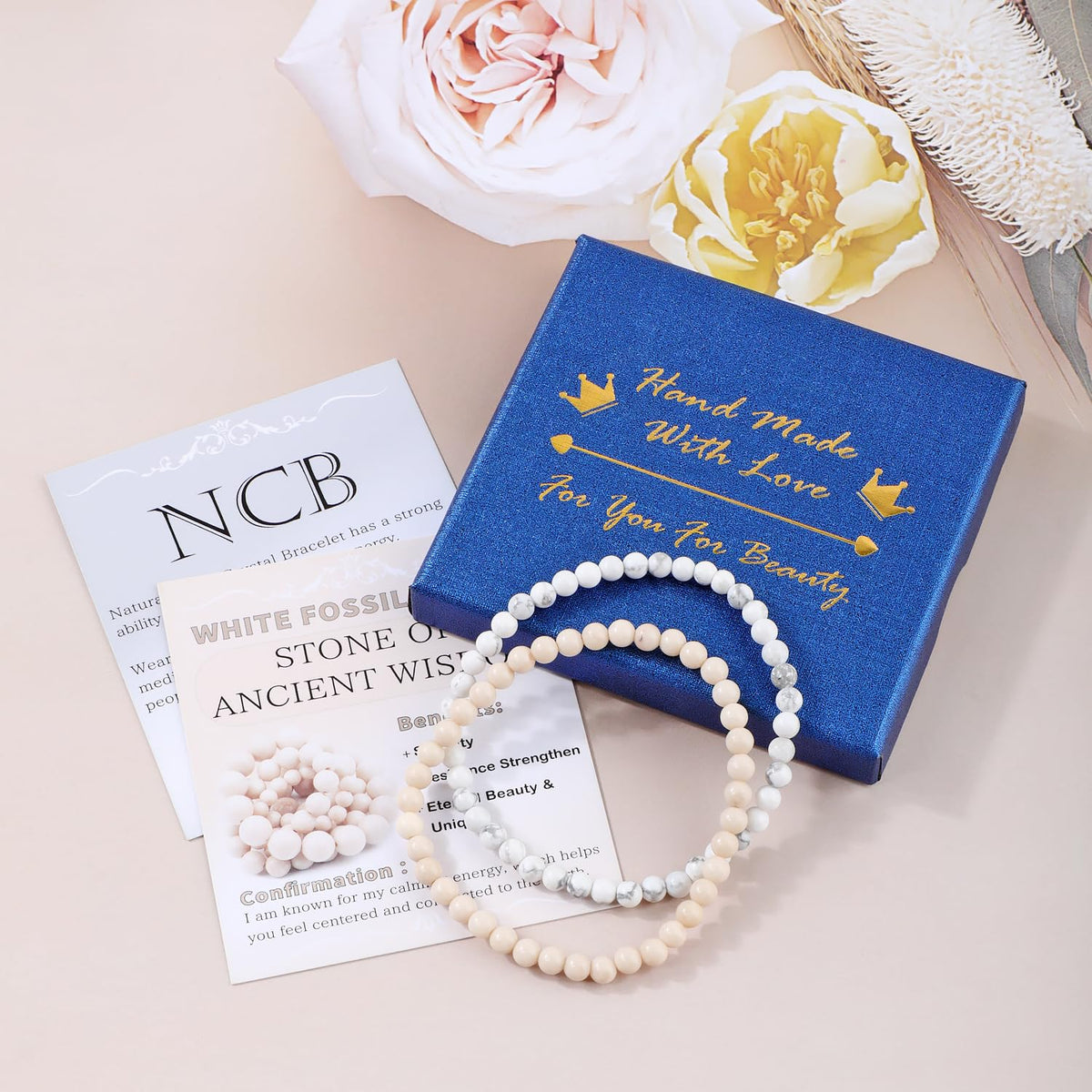 NCB 2-Piece 4mm Natural Crystal Gemstone Stretch Bracelets – ﻿Howlite, White Fossil Jasper Handmade Reiki Energy Healing Jewelry for Meditation,Yoga, Unisex