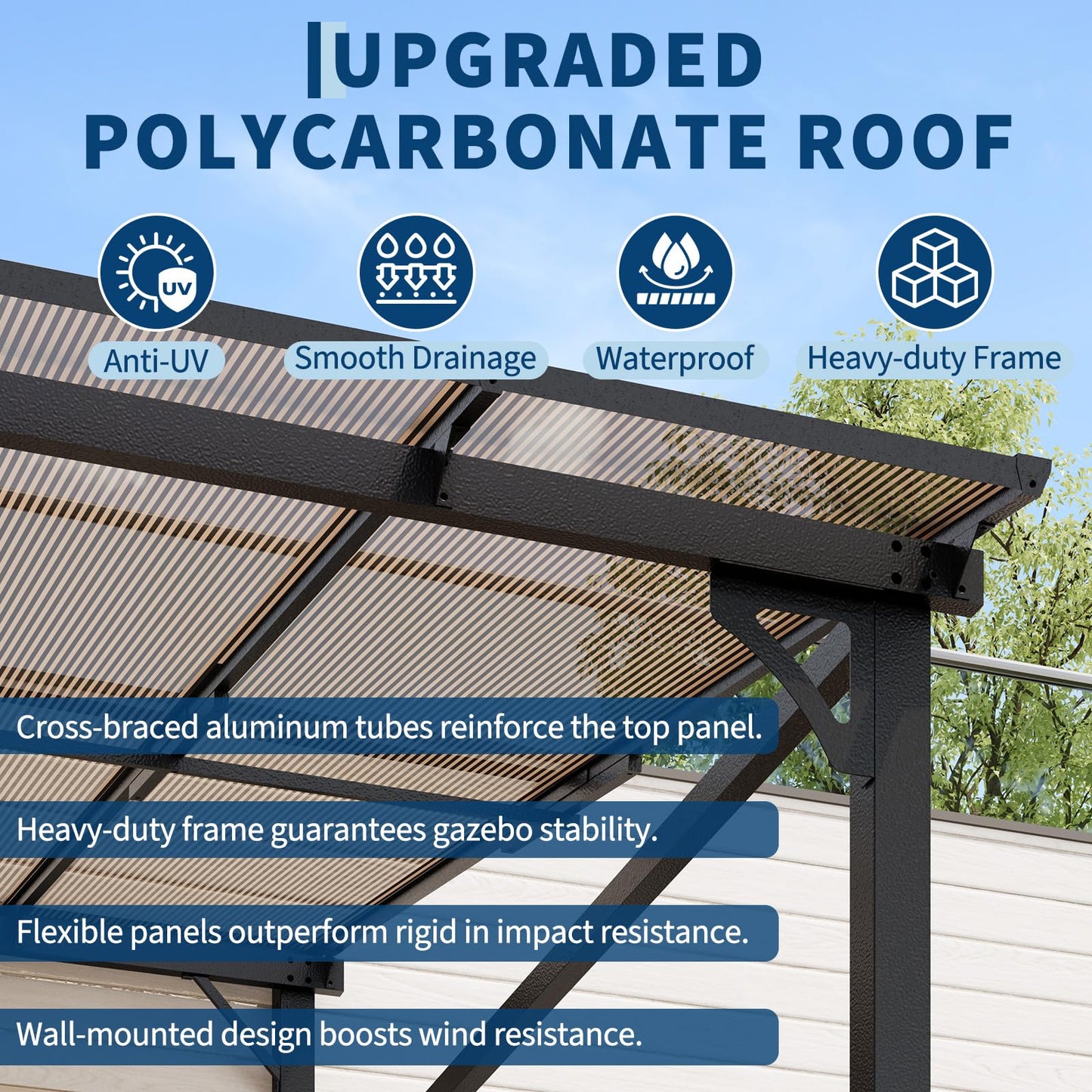 Garvee 10x10 ft Outdoor Lean to Gazebo, Wall Mounted Patio Hardtop Gazebo Pergola with Polycarbonate Roof, Upgraded Steel Frame Hardtop Pavilion for Patio, Garden, Lawn, Deck