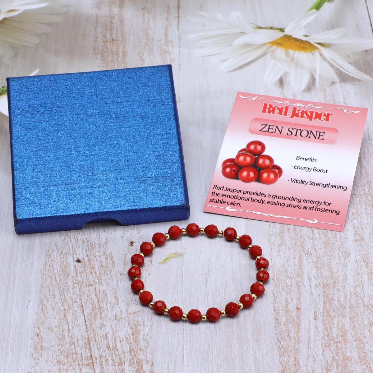 QOGIR Red Jasper - Zen Stone - 14K Gold Plated Beads Natural Gemstone Stretch Elastic Dainty Healing Beaded Bracelets Gifts 6mm