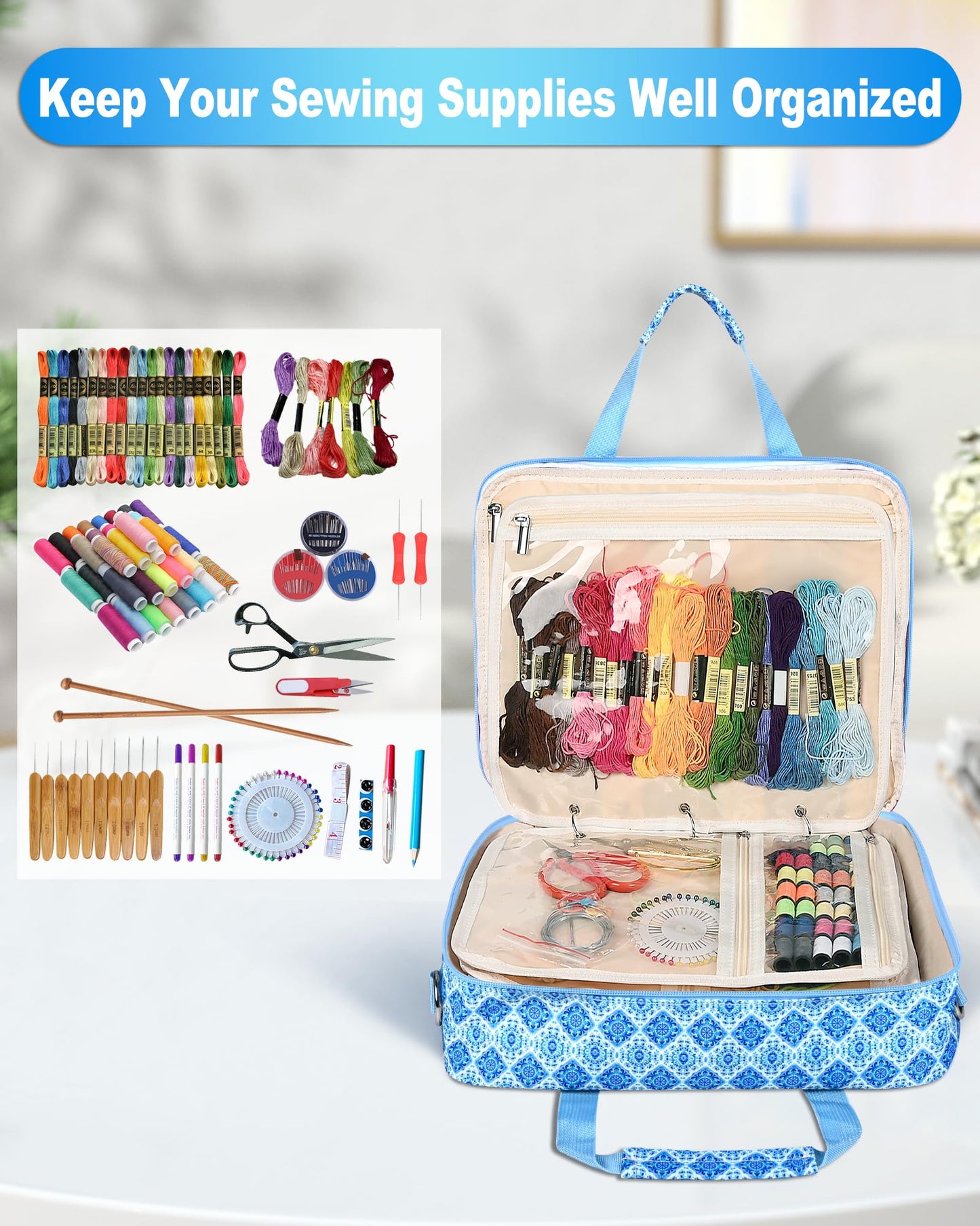 Telawsfun Sewing Supply Storage Bag with Removable Binder, Large Capacity Sewing Organizer Tote With Multi Pocket for Threads, Needles, Scissors, Craft Supplies(Blue Floral)