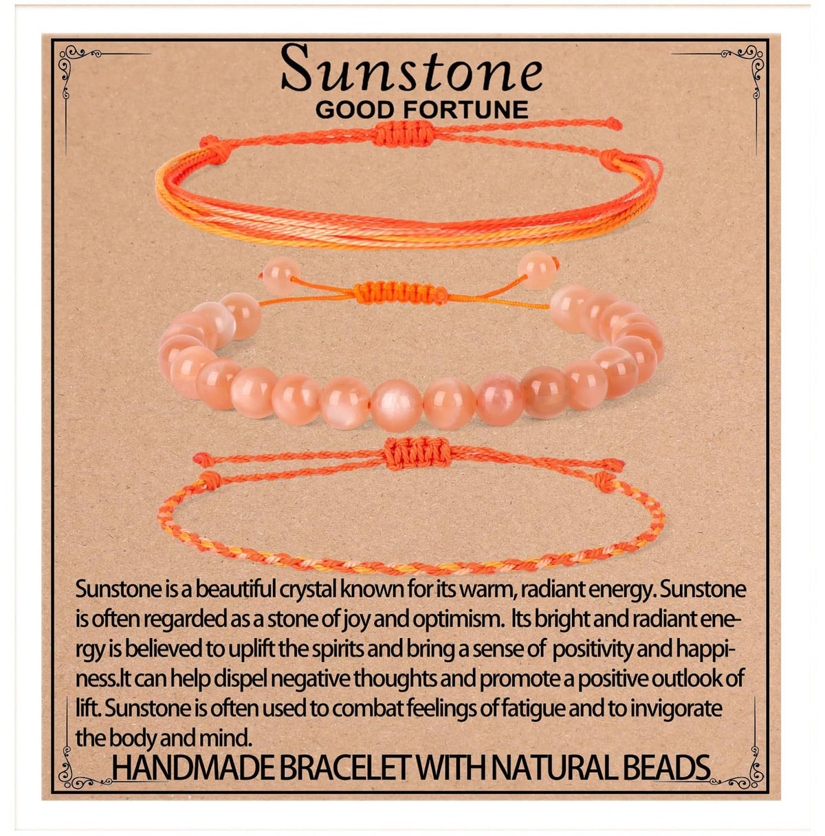 QOGIR Handmade Healing Bracelets,8mm Natural Sunstone Gem Stone Beads Bracelet for Men Women Gifts with 2PCS Size Adjustable Rope Bracelets