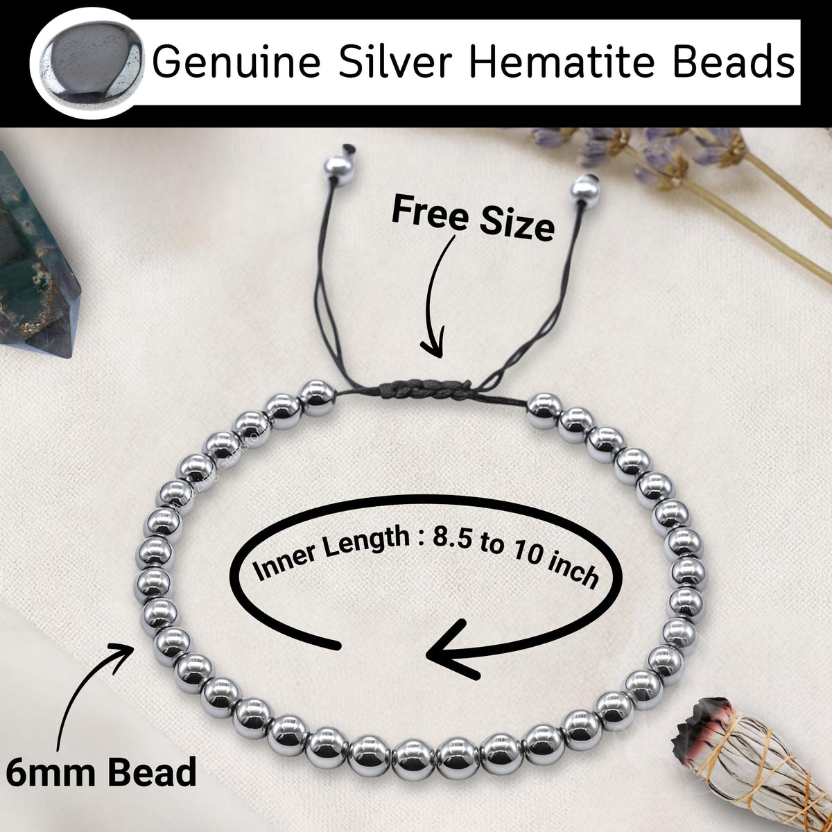 Amazing Gemstone Silver Hematite Anklet Ankle Bracelets for Women - Waterproof Beaded Healing Crystal Anklets, Plus Size Chakra Gemstone Bead Anklet (Stretchy Adjustable - Plain)
