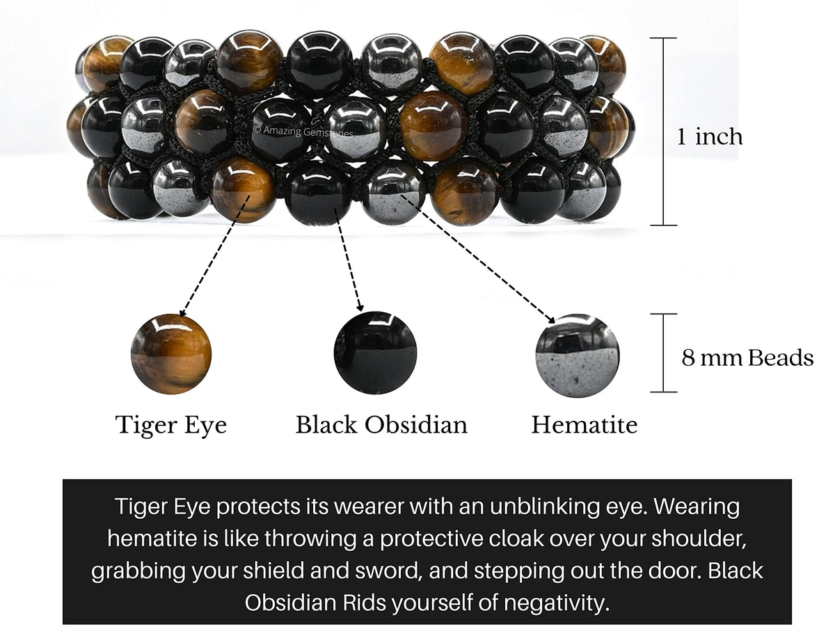 Amazing Gemstone Triple Protection Bracelet - Hematite Black Obsidian Tiger Eye Bracelet Set for Men Women Healing Calming Anxiety Stress Relief Gifts Stocking Stuffer (Adjustable, 3 Layer)