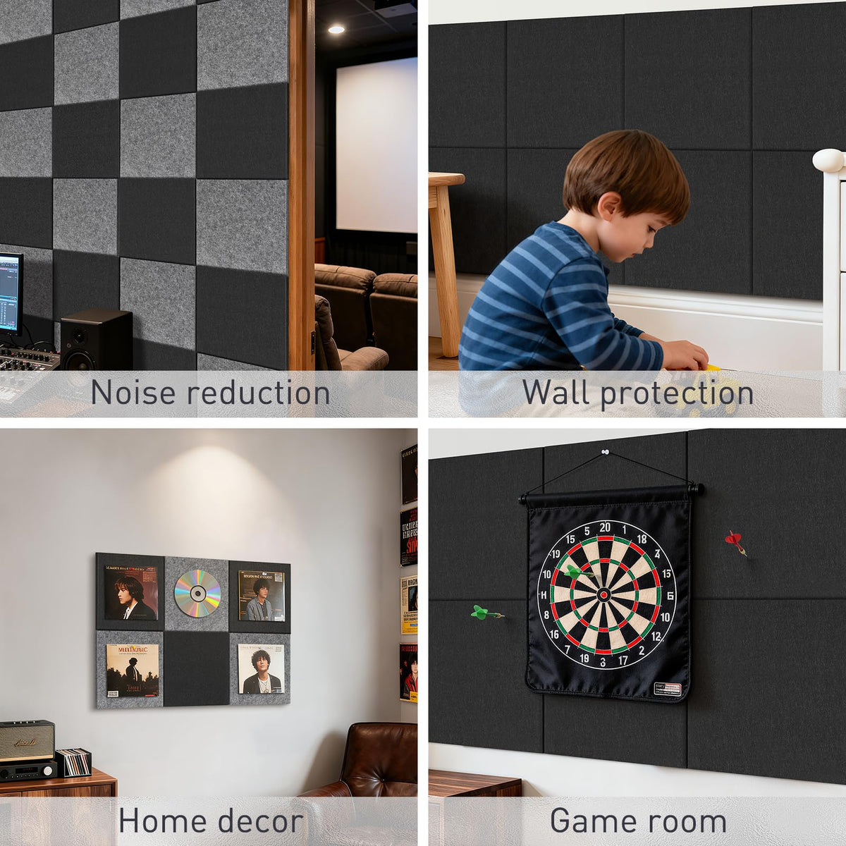QUEENLINK 6-Pack Felt Bulletin Board Tiles 12"x12", Self-Adhesive Pin Board Wall Panels with 60 Push Pins, Modular Vision Board & Wall Organizer for Home Office Classroom, Black