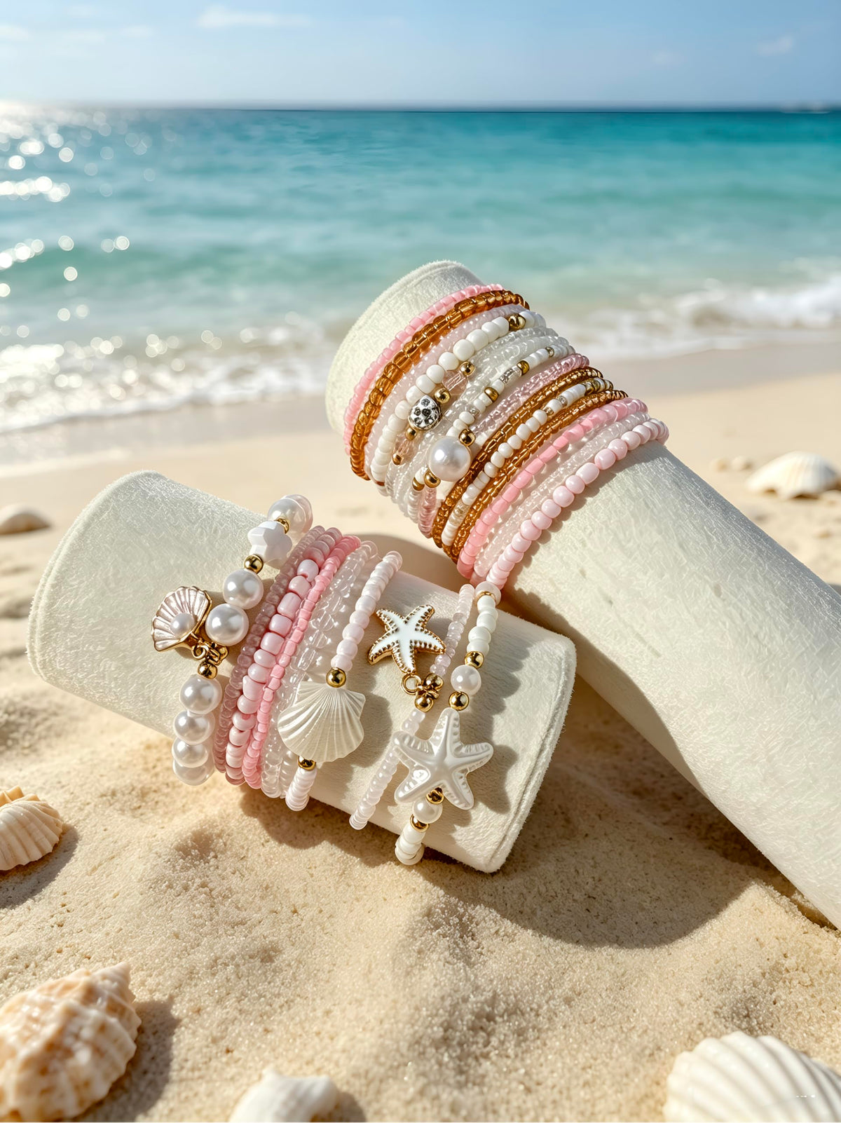 FAXHION Boho Gold Beaded Bracelets for Women, Starfish & Shell Pendant Bracelet Stack, Pink Bracelet Set Summer Beach Jewelry Gifts