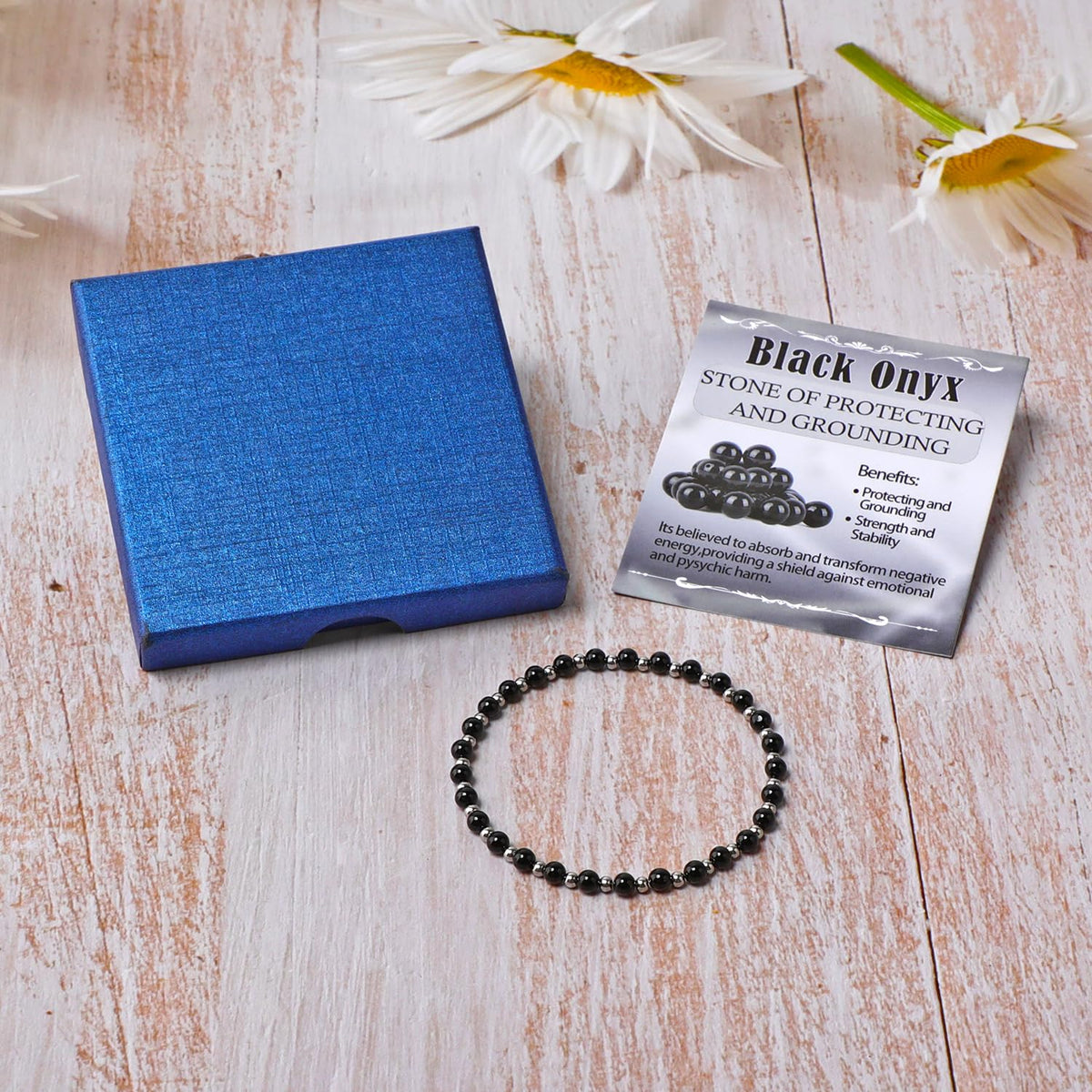 QOGIR Black Onyx - Protecting and Grounding - Stainless Silver Beads Natural Gemstone Stretch Elastic Dainty Healing Beaded Bracelets Gifts 4mm