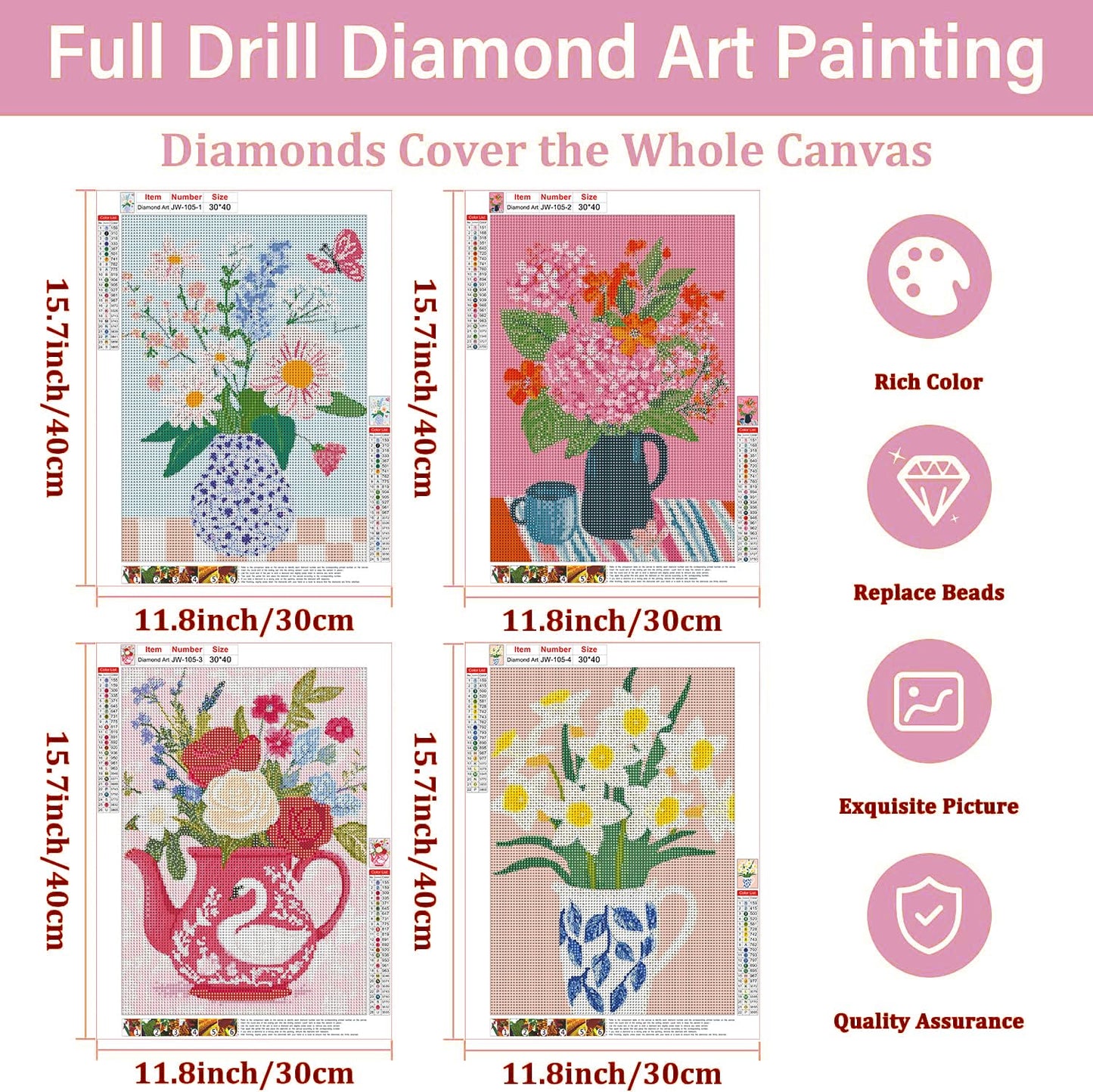 4 PC Flower Vase Diamond Art Kits for Adults, Diamond Painting Kit Adults for Beginners, Round 5D DIY Dimond art,Full Drill Painting Kit Art and Crafts for Adults Home Wall Decor【11.8x15.7inch】