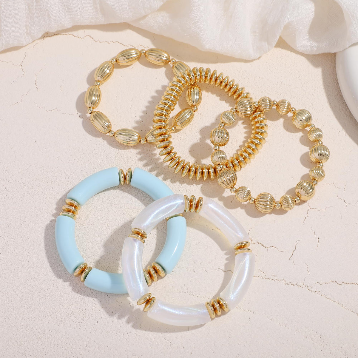 RISHEGAE Chunky Bangle Bracelets for Women Stackable Resin Bamboo Tube Bracelet Stretch Gold Beaded Bracelets Summer Beach Surfer Bracelets Gift Jewelry