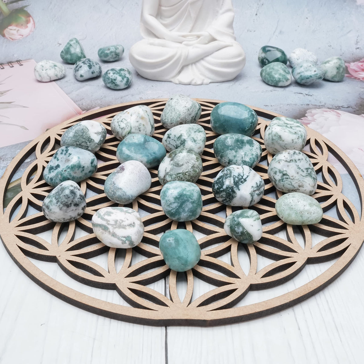 Crocon 1lb Tree Agate Tumble Stones Stones Set Pocket Crystal Healing Gemstones Balancing Tumble Collection Palm Stone Meditation Good Luck Charm Gift Craft Home Decor Size: 20-25 mm 1 LB