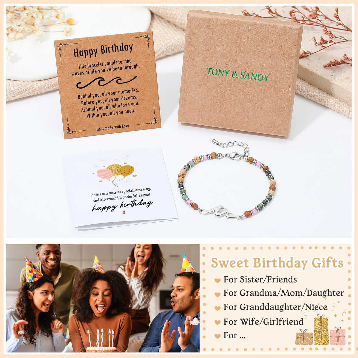 TONY & SANDY Birthday Gifts for Women, 30th 40th 50th 60th 70th 80th Birthday Gifts for Women Unique, Wave Bracelet, Happy Bday Presents for Her, Best Friend, Mom, Sister, Daughter, Wife