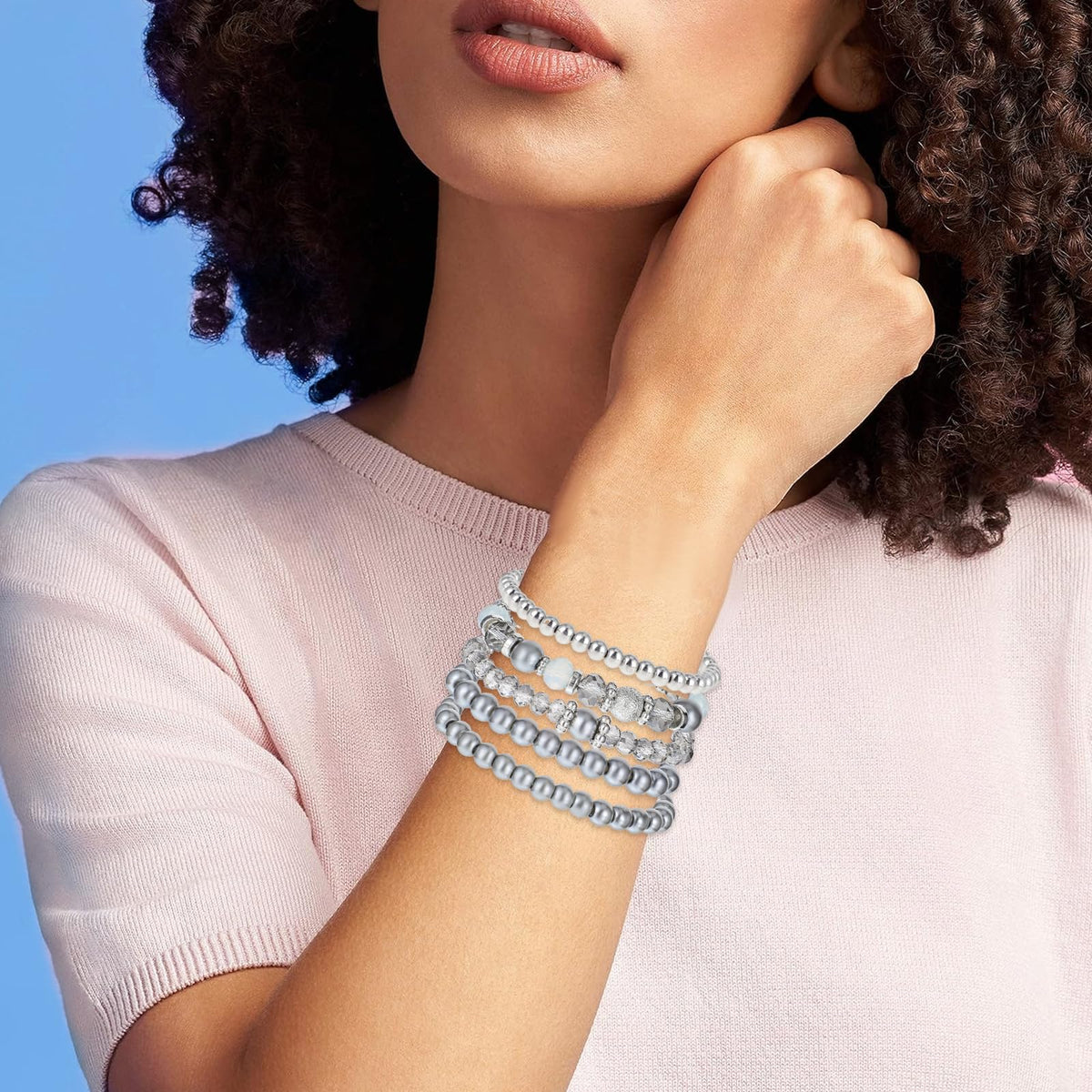 DIVINA VITAE 5 Pcs Beaded Stretch Bracelets Grey Stackable Bracelets Crystal Bead Bracelet Boho Beaded Bracelets Stretch Layering Crystal Stone Beaded Bracelets Trendy Costume Jewelry Gifts for Women