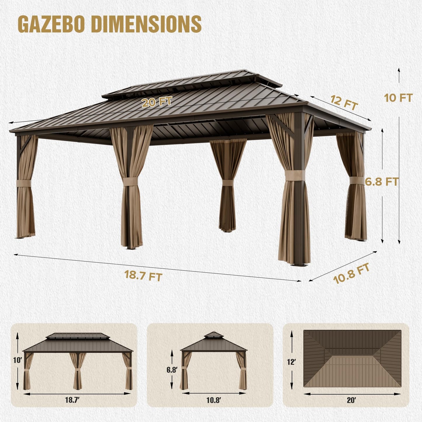 COOS BAY 12x20 Hardtop Gazebo with Aluminum Frame, Galvanized Steel Roof with UV Protection for Patio, Backyard, Garden, Outdoor Events, Dark Brown/Tan