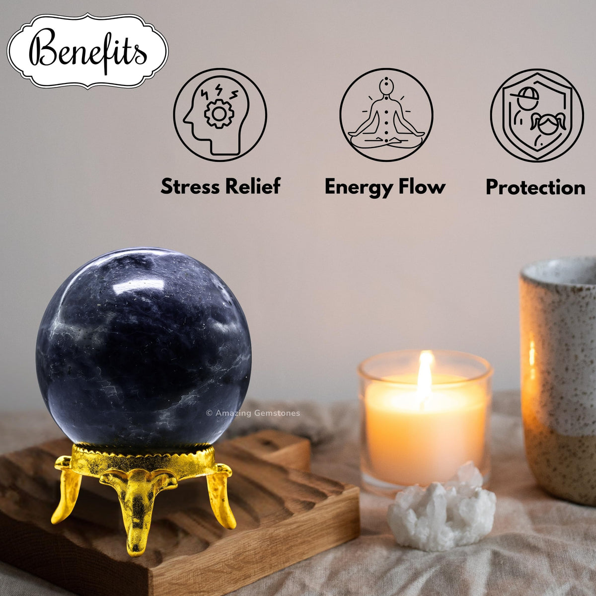 Amazing Gemstone Iolite Crystal Ball with Stand - 2 Inches Crystal Sphere Meditation Balls for Witchcraft and Decorative Balls