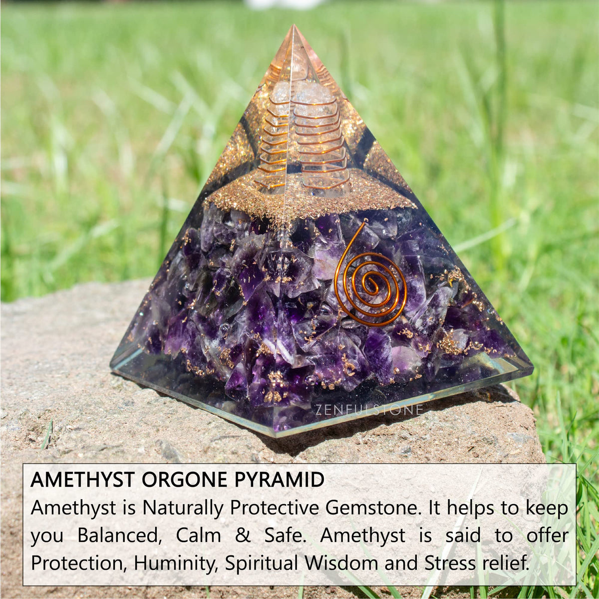 Amethyst Orgone Pyramid for Inner Peace & Calm | Orgonite pyramids with Copper Coil and Crystal Quartz for Chakra Protection