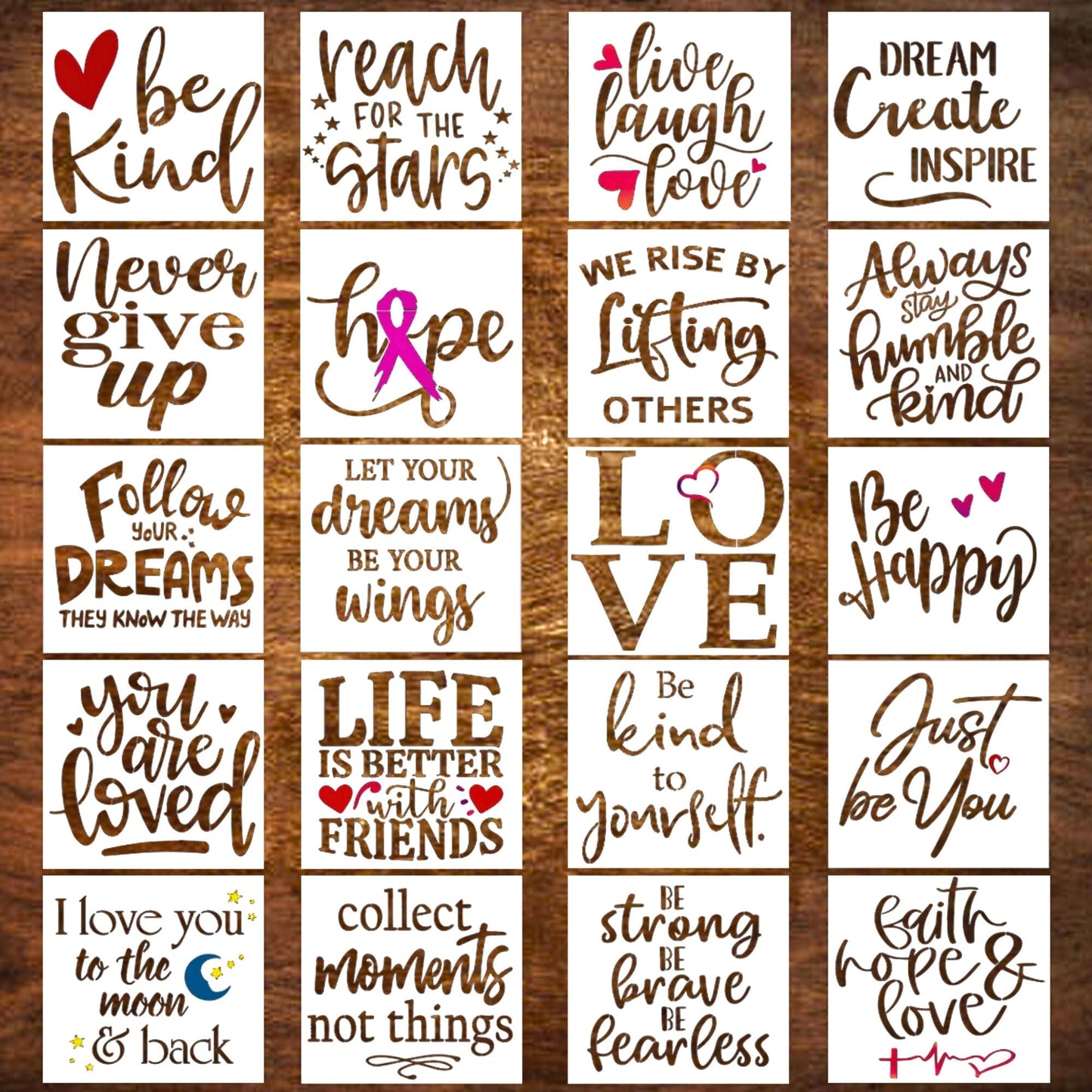 20 Piece Inspirational Word Stencil Set, Stencils for Painting on Wood, Canvas - Quotes Include Dream, Faith Hope Love - Stencils for Crafts Reusable – Drawing & Signs - 8 Inch