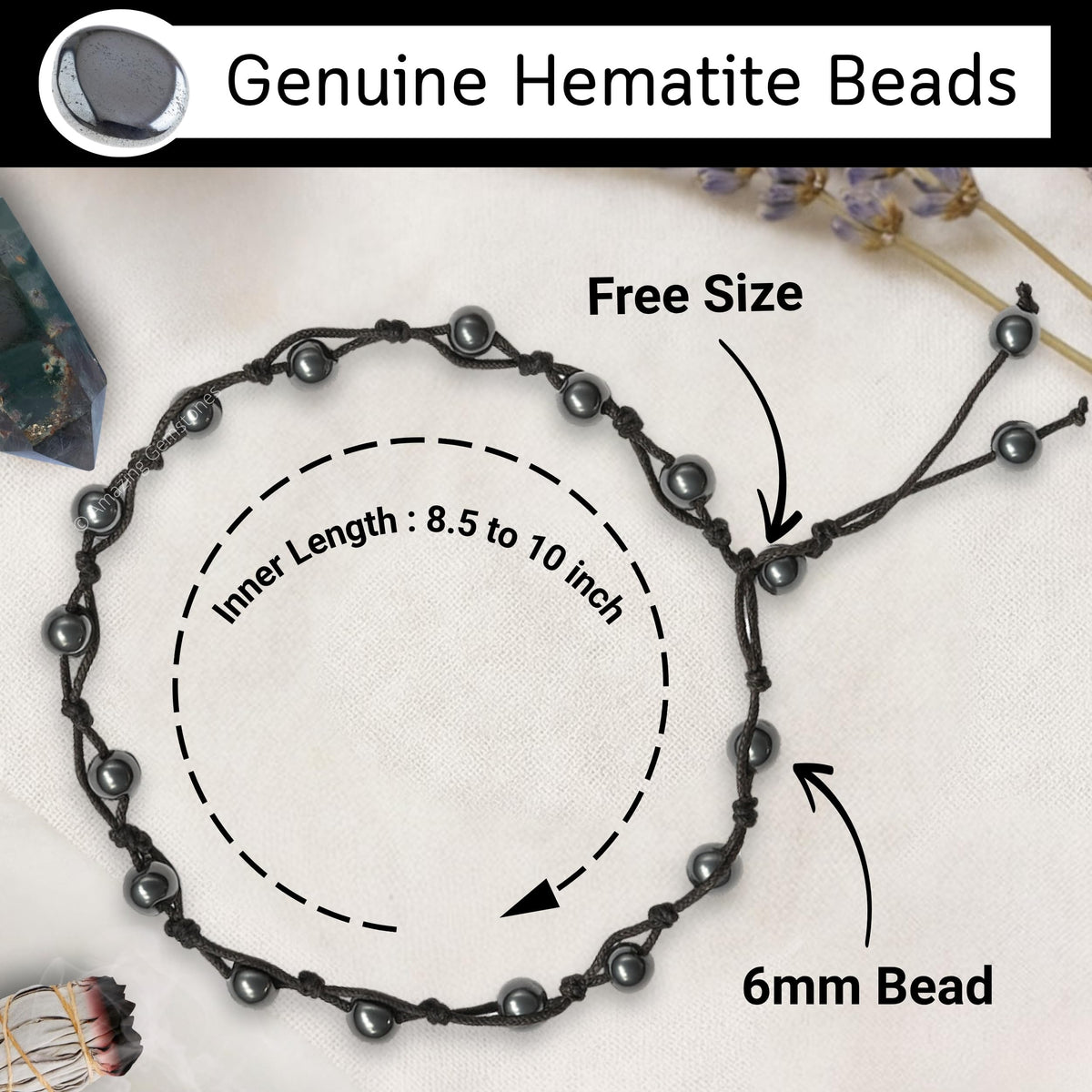 Amazing Gemstone Hematite Anklet Ankle Bracelets for Women - Waterproof Beaded Healing Crystal Anklets, Plus Size Chakra Gemstone Bead Anklet (Stretchy Adjustable - Hand Knotted)
