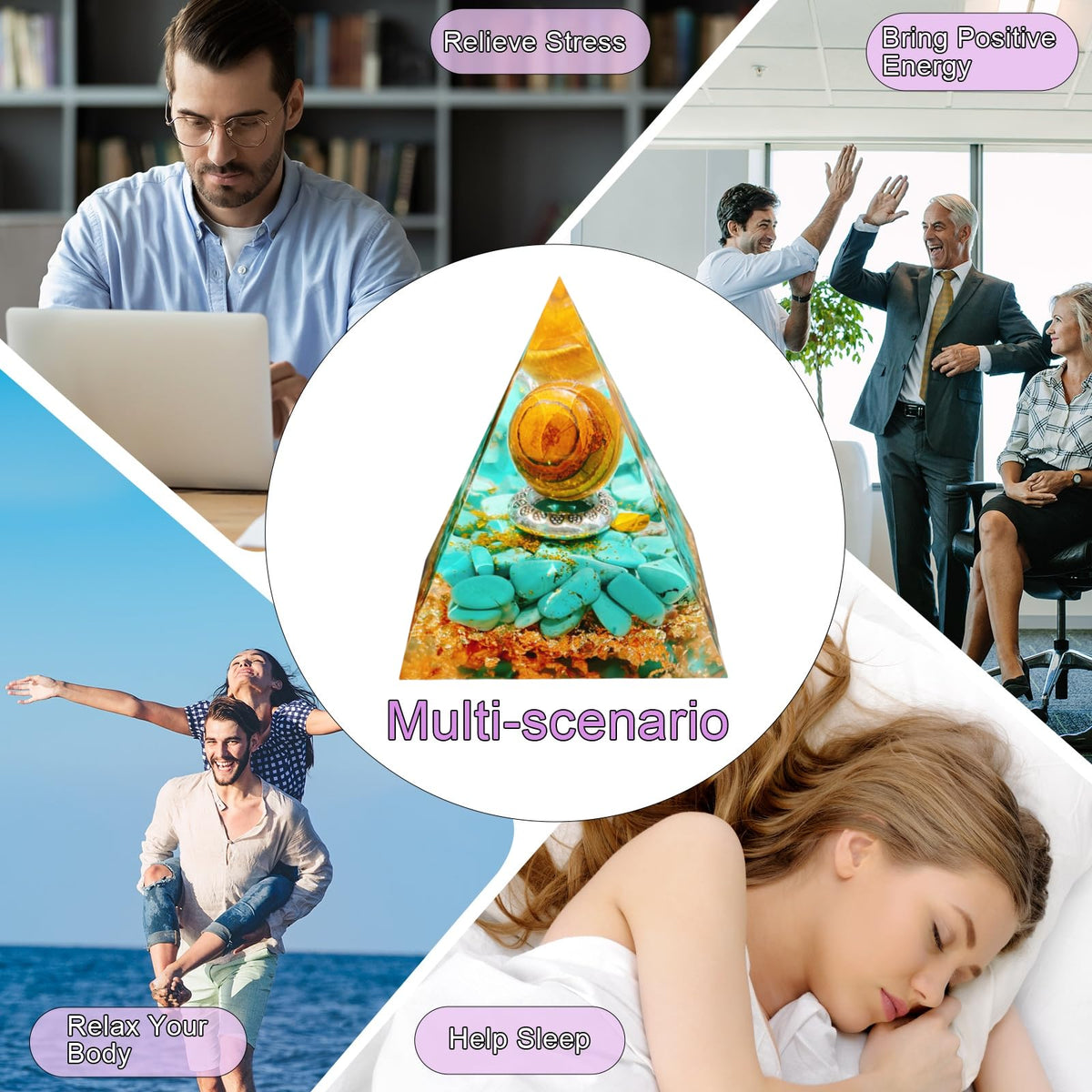 Saefheled Orgone Pyramid Energy Generator,Natural Tiger's Eye&Turquoise Orgonite Crystal Healing Pyramids for Reduce Stress Chakra Reiki Healing Meditation Attracts Lucky and Success,Wealth&Health